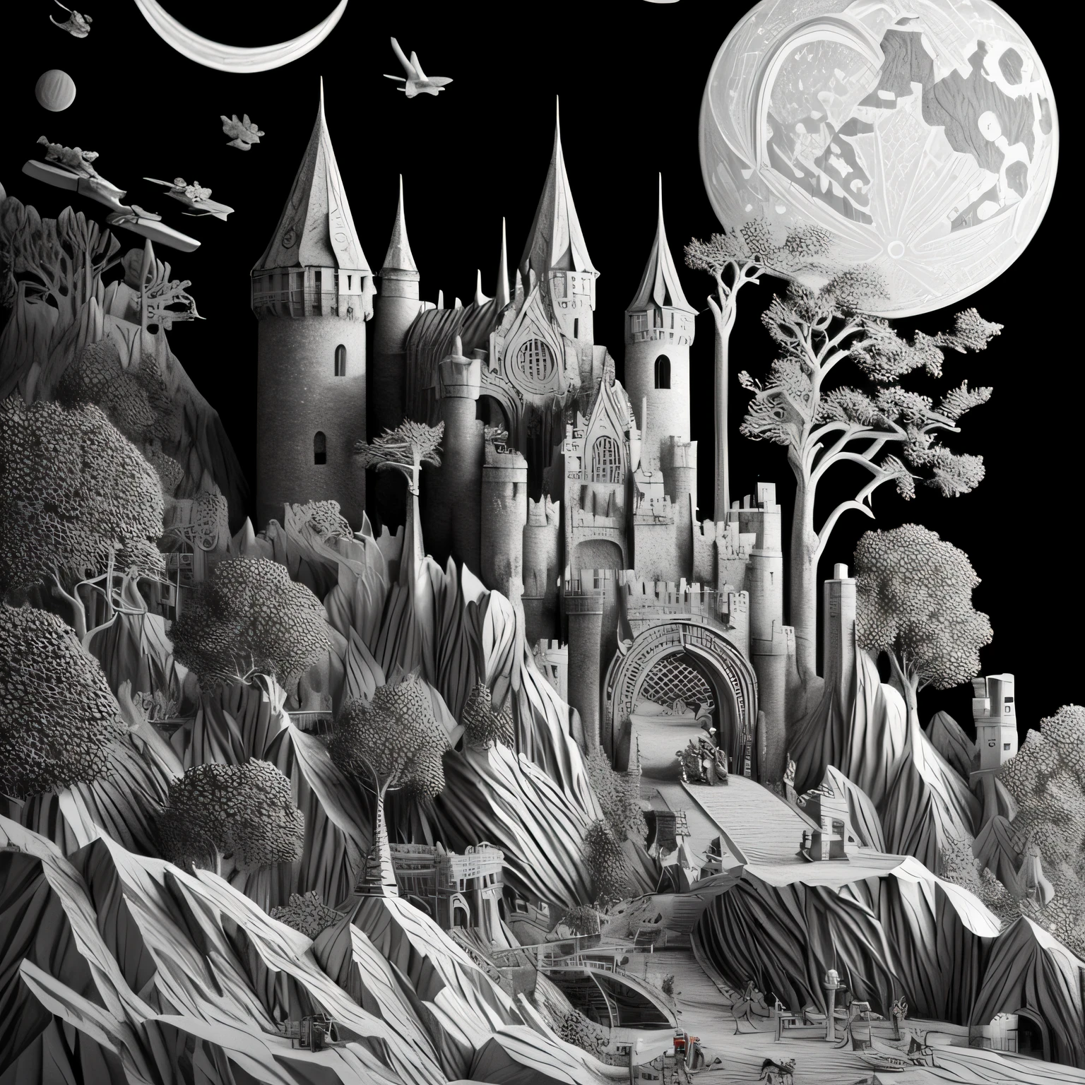 a black and white and red scenic picture (paper cut art: 1.5) of a dark vampire castle at night, a masterpiece award winning (paper cut art picture: 1.5), Vampire dark castle at night with towers. turrets, a moat, using only black, white and red colors, moon stars, dynamic angle, moon lightning, dynamic angle, best details, best quality, 16K, [ultra detailed], masterpiece, best quality, (ultra detailed), full body, ultra wide shot, photorealistic 3D rendering