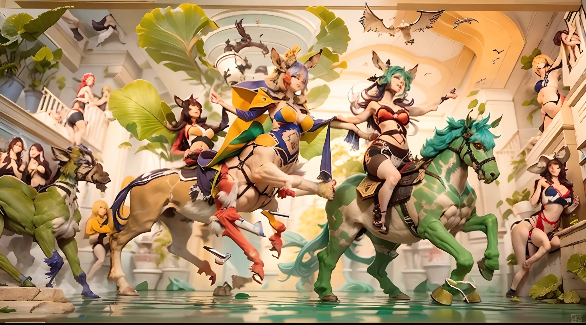 In the beautiful illustration of this super-grand scene，The ultra-long-range lens is shown（Eight unique centaur characters：9.9），They all have their own characteristics，Vivid and interesting。Radiant angelic centaurs from the heavenly realm，To the hellish centaurs surrounded by nightmarish flames，And then to the Wind Immortal Centaur dancing in the air，There are also one-horned centaurs surrounded by thunder and lightning，and mechanical centaurs that shine with metallic light，And then to the powerful dragon centaur with colored dragon scales covering the whole body，The elegant and agile elf centaur always wears a flower crown with its slender and graceful lines，Enchanting and charming Tiflin centaurs。Each character has their own unique charms and abilities。The illustration uses advanced artistic techniques and tools，（Divide the scene into sections by geometric arrangement：9.9），Each section corresponds to a centaur character，This makes more efficient use of space。Through Midjourney's advanced brush tools、Color palette、Material packs and model packs，Exquisite costumes and equipment are designed for each centaur，Enhances the character's personality and visual appeal。The scenery in the illustrations is stunning，There are changing skies、rainbowing、extreme light、Stars and Moon。Incorporating iconic landmarks such as Mount Everest，and fireworks、tranquil lake、Natural and urban elements of waves and neon lights，Creates a magical atmosphere。The centaurs showed off their skills and equipment in a variety of environments，This is true even in extreme alien landscapes。（Use Midjourney's tools、Material packs、Texture tools、The color palette makes depicting details vivid and realistic：9.9），From complex hairstyles and as well as different postures、Form factor、Clothing to real textures，This greatly enhances the realism of the characters and surroundings。The fusion of multiple art styles adds movement to the centaur's movement at all angles，The overall visual experience is further enriched