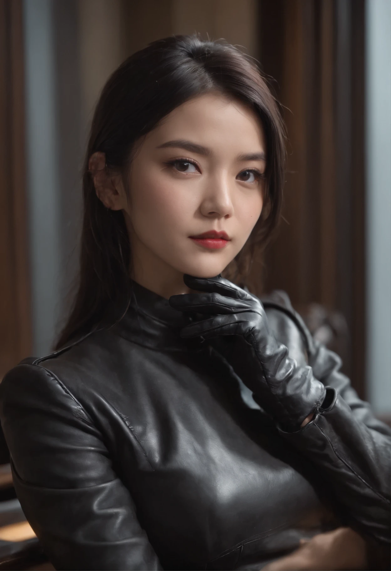 Both hands are covered with black leather gloves up to the fingertips, upper body, black leather double riders jacket, slender necklace, young and cute Japanese girl with black hair tied up beautifully, sitting on a black leather chair facing the desk in the president's room at night, aligning both hands of black leather gloves on the desk