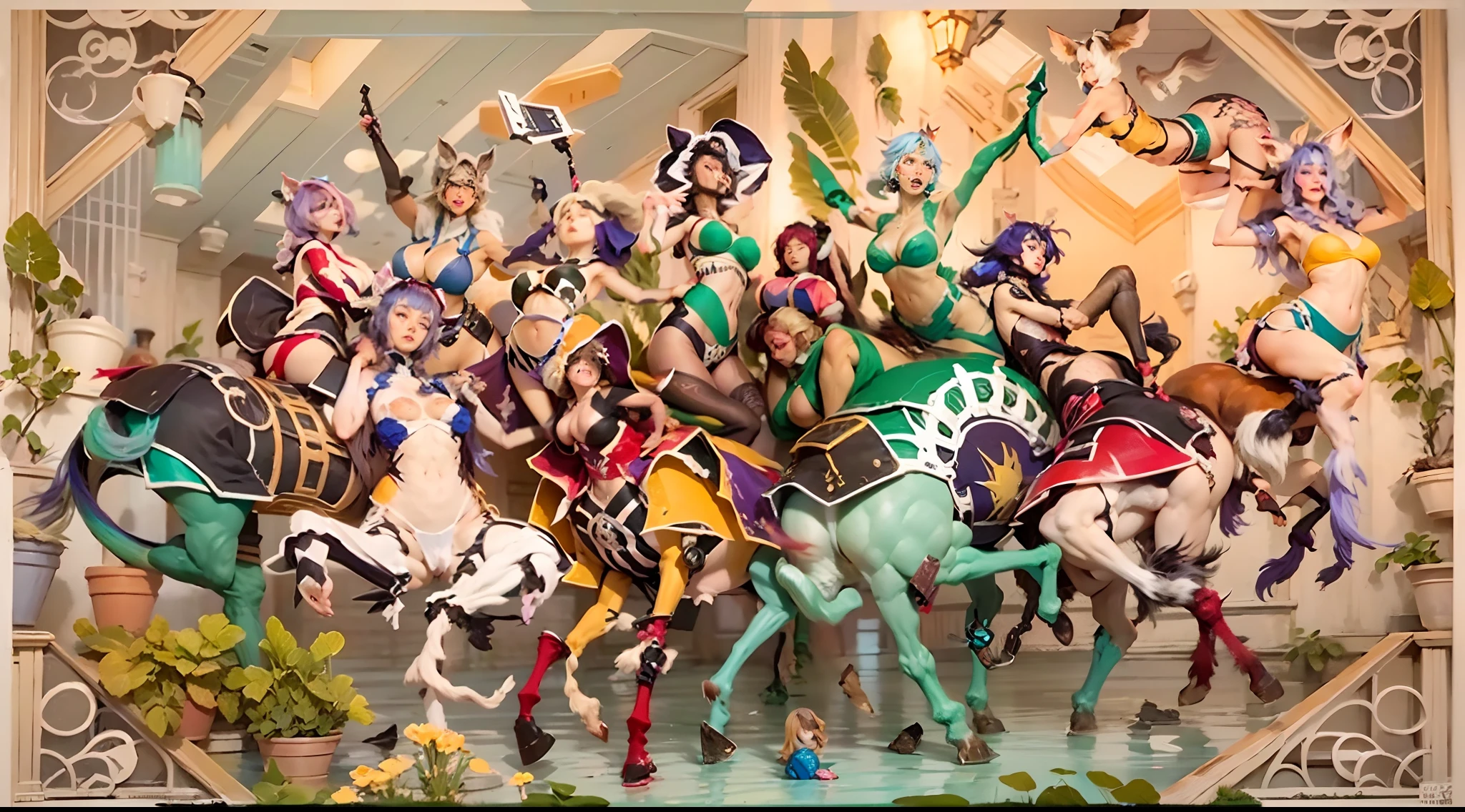 In the beautiful illustration of this super-grand scene,The ultra-distant lens shows us(Over eight separate and distinctive centaur characters:9.9),They all have their own characteristics,Vivid and interesting。Radiant from the heavens(Angelic centaurs:6.6),To nightmarish is(Centaurs surrounded by flames:6.6)、And then to the wind dancing in the air(Fairy centaurs:6.6)、And thunder and lightning surrounding(One-horned centaur:6.6),and shining metallic ones(Mechanical style centaur:6.6)、And then(A centaur with colorful dragon scales covering the whole body:6.6)The power is powerful、Elegant and agile(Elf centaur's slenderness:6.6)Gracefully wears a flower crown、Enchanting and charming(Tiflin centaurs:6.6)、Have the indescribable(Raised sexy:6.6)'s(Succubus centaurs:6.6)。Each character has their own unique charms and abilities。The illustration uses advanced artistic techniques and tools,(Use nesting、woven、stitching、ssee-through、arrange、grouping、Storyboards and other methods,Divide the scene into sections by geometric arrangement:9.9),Each section corresponds to a centaur character,This makes more efficient use of space。Through Midjourney's advanced brush tools、Color palette、Material packs and model packs、Texture tools,For each centaur, beautiful props are designed to increase racial characteristics、Clothing and physical features,(Enhances the character's personality and visual appeal:2.5),The scenery in the illustrations is stunning,There are changing skies、rainbowing、extreme light、Stars and Moon。Incorporating iconic landmarks such as Mount Everest,and fireworks、tranquil lake、Natural and urban elements of waves and neon lights,Creates a magical atmosphere,The centaurs display their unique abilities and equipment in a variety of environments,This is true even in extreme alien landscapes。(Use Midjourney's tools、Material packs、Texture tools、The color palette makes depicting details vivid and realistic:9.9),From complex hairstyles and as well as different racial traits、Body、Ap