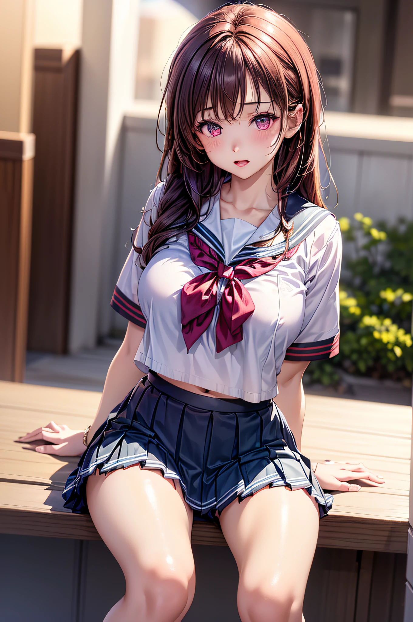 ((1girl in)), (Twin-tailed), Brown hair, Amazing face and eyes, Pink eyes, (amazingly beautiful girl), Brown hair, (High School Uniform, Pleated mini-skirt:1.5), ((Best Quality)), (Ultra-detailed), (extremely detailed CG unified 8k wallpaper), Highly detailed, High-definition raw color photos, Professional Photography, (((Bokeh))), depth of fields, open your legs,