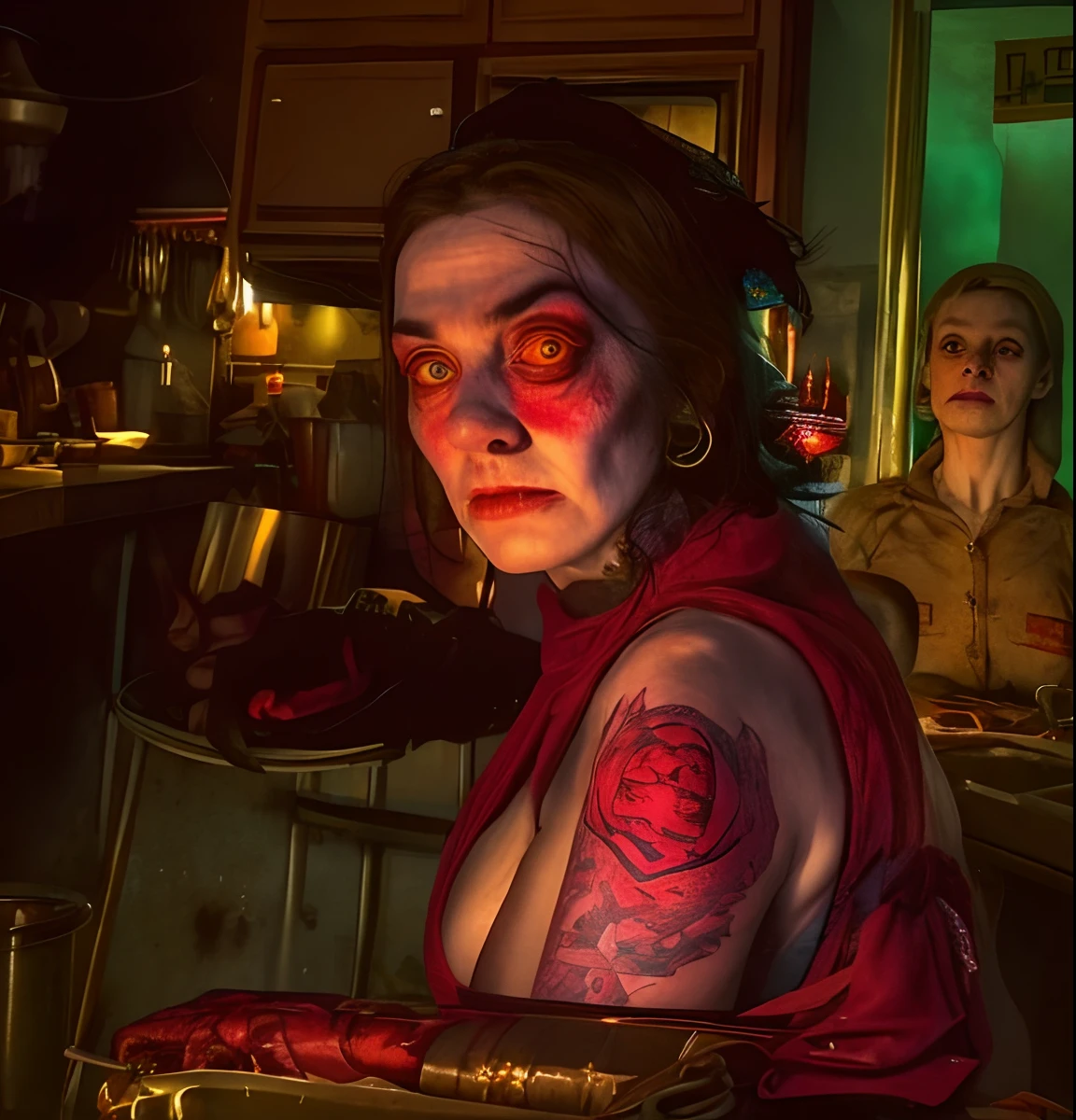 there is one evil witch woman sitting at a table, lizard scales, lizard face, chaos, pig, pig nose, pointy ears , witch hat, burning flesh, fire, red blood dripping eyes, in a kitchen, photo portrait, looking to the side off camera, black hair, tatoos, tattoo sleeves taken in the early 2020s, glaring at the camera, by Pamela Ascherson, production still, looking away from viewer, 1 / 4 portrait, looking directly at the viewer, on kitchen table, by Dan Frazier