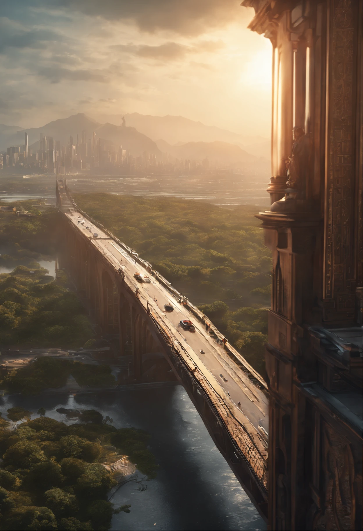 (8k unit wallpaper CG extremely detailed, masterpiece, best quality, ultra-detailed), (((solo)))), ((extremely wide shot:1.15)), a man on a bridge looking at a scifi city in the distance in the background, ((back view)), ((full body)), (high detail), (intricate details), intricate, magnificent scene, detailed environment, highly detailed environment, illustrator, (masterpiece).