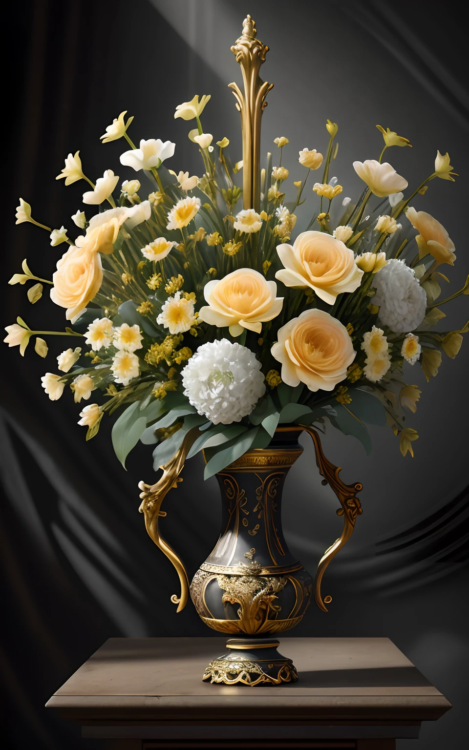 Still life with a baroque bouquet in vase standing on bold drapery, black background, highly detailed, sharp focus, dramatic lighting, professional, 4k, max detail, god rays, highres,high detail, sharp focus, smooth, aesthetic, extremely detailed, baroque, detailed facial features, hand model, petite, delicate, innocent, intricate details, spring flowers blooming