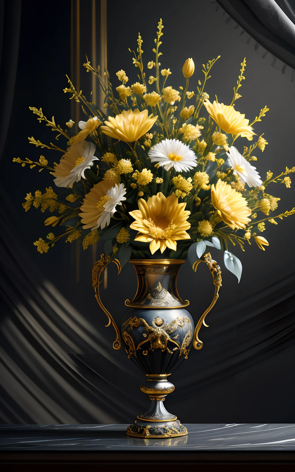 Still life with a baroque bouquet in vase standing on bold drapery, black background, highly detailed, sharp focus, dramatic lighting, professional, 4k, max detail, god rays, highres,high detail, sharp focus, smooth, aesthetic, extremely detailed, baroque, detailed facial features, hand model, petite, delicate, innocent, intricate details, spring flowers blooming