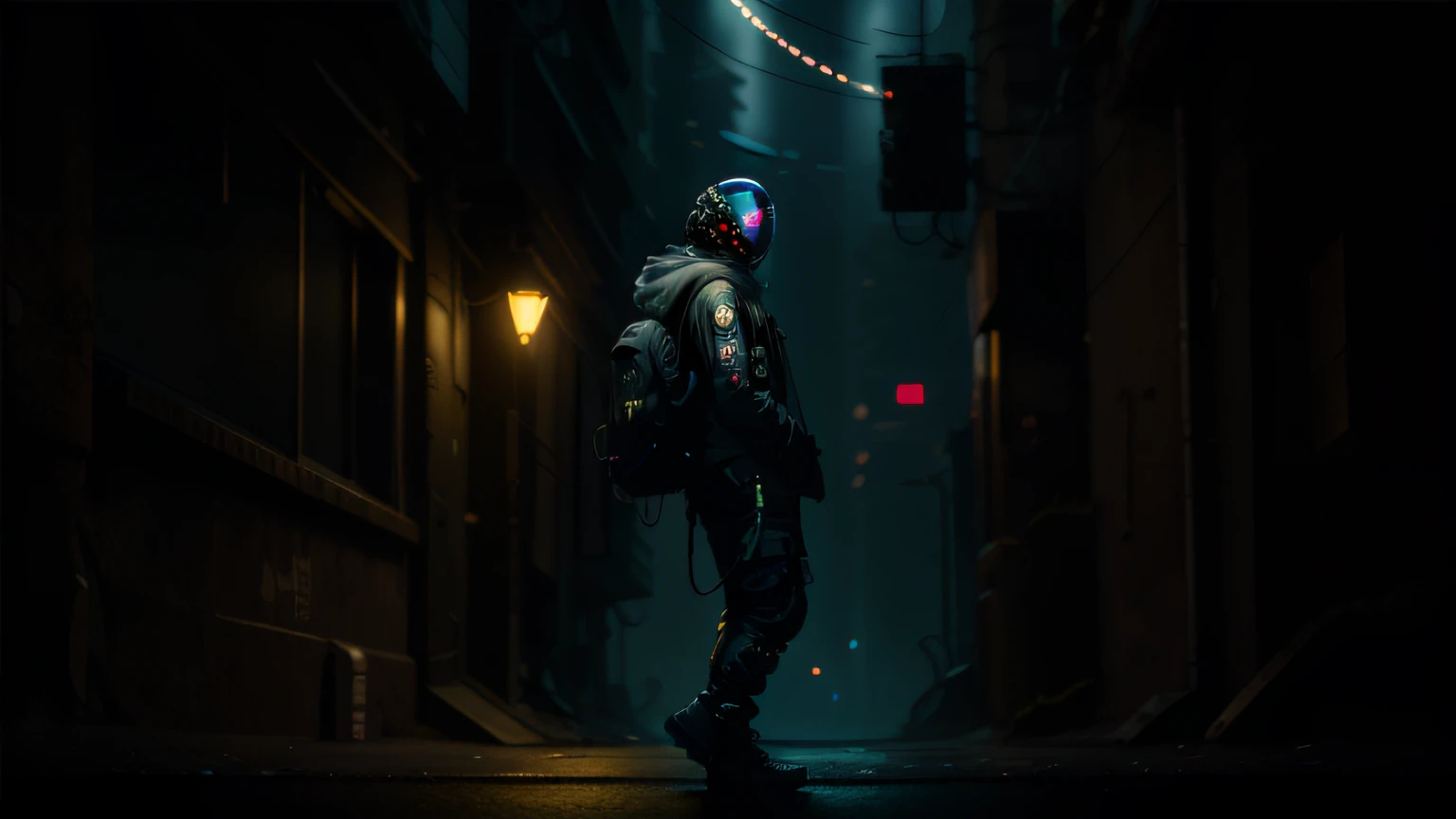 (masterpiece, full body shot, intricate raw photography) Cyberpunk citizen, comfortable oversize black hoodie, black cargo pants, black clothes, dark, wearing a black helmet hitech style Astronaut, intricate, futuristic, advanced technology, dark environment, dramatic, light and shadow, cinematic, action movie, sharpness, random relaxed position, Cyberpunk City, street lights, dark street, night, Insta photo, photo of the year, octane render, substance, Maya 3D, cinema4D, ArtStation Trending, Devian Art Trend,