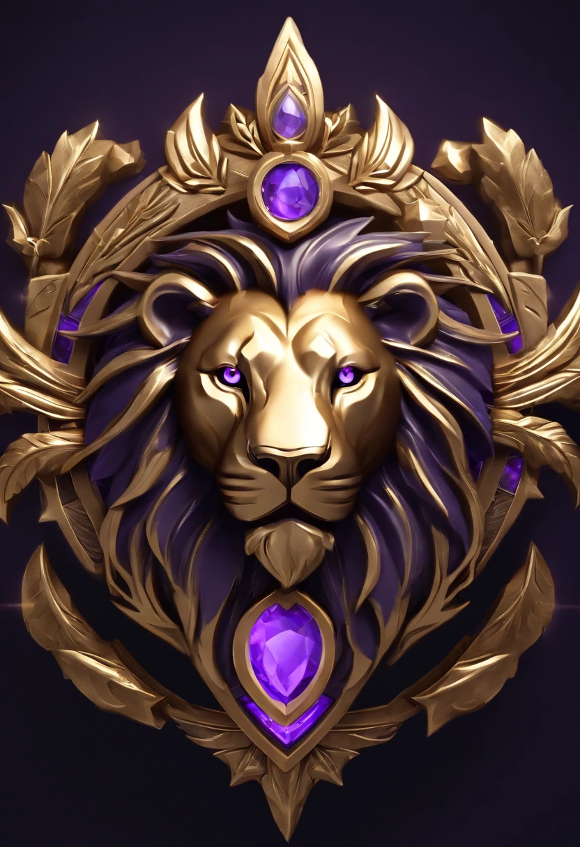 Game medallion with metal lion head closeup with crown,, hearthstone art style, Hearthstone style art, hearthstone concept art, Riot game concept art, style of league of legends, iconic character splash art, league of legends champion,metallic shield,Game badge,Surrounding metal feathers,Purple gold,c4d渲染,Lumpy metal hair