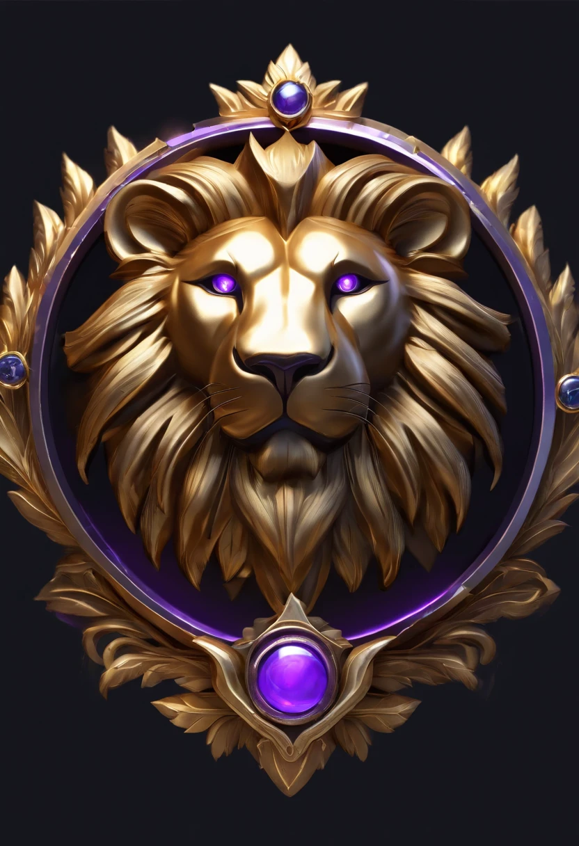 Game medallion with metal lion head closeup with crown,, hearthstone art style, Hearthstone style art, hearthstone concept art, Riot game concept art, style of league of legends, iconic character splash art, league of legends champion,metallic shield,Game badge,Surrounding metal feathers,Purple gold,c4d渲染,Lumpy metal hair