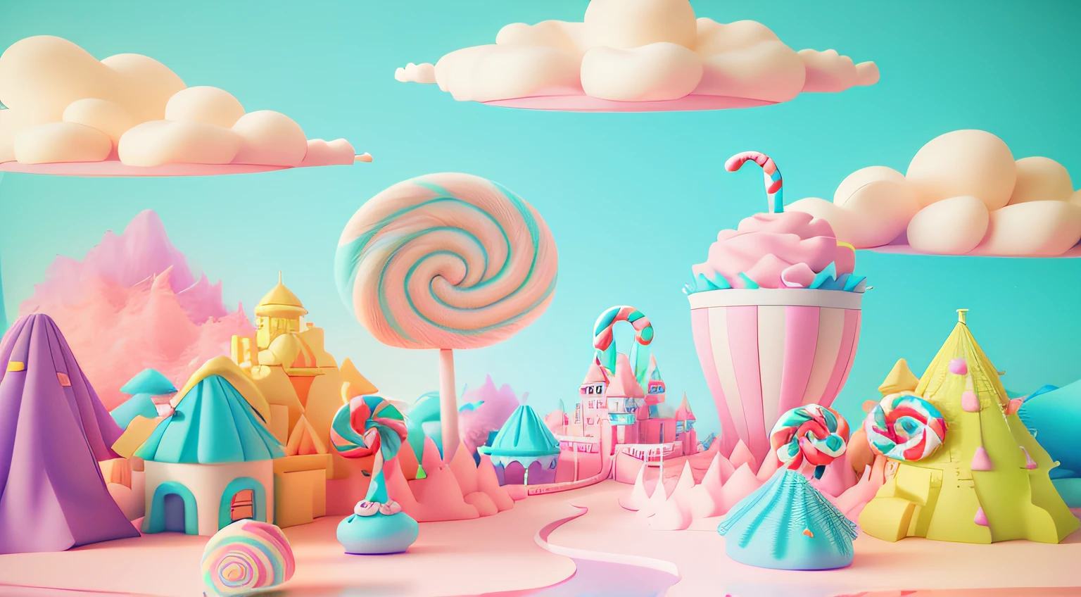 There is a candy paradise，There was a lot of sweets, Lollipop castle cake , candy forest, candyland, in a candy land style house, candyland, trend on behance 3 d art, trend on behance 3d art, 3 d stylize scene, pastel colourful 3 d, 3 D 插图, 3D illustration, candy pastel, 3 d render stylized, Vibrant colors, Lively atmosphere