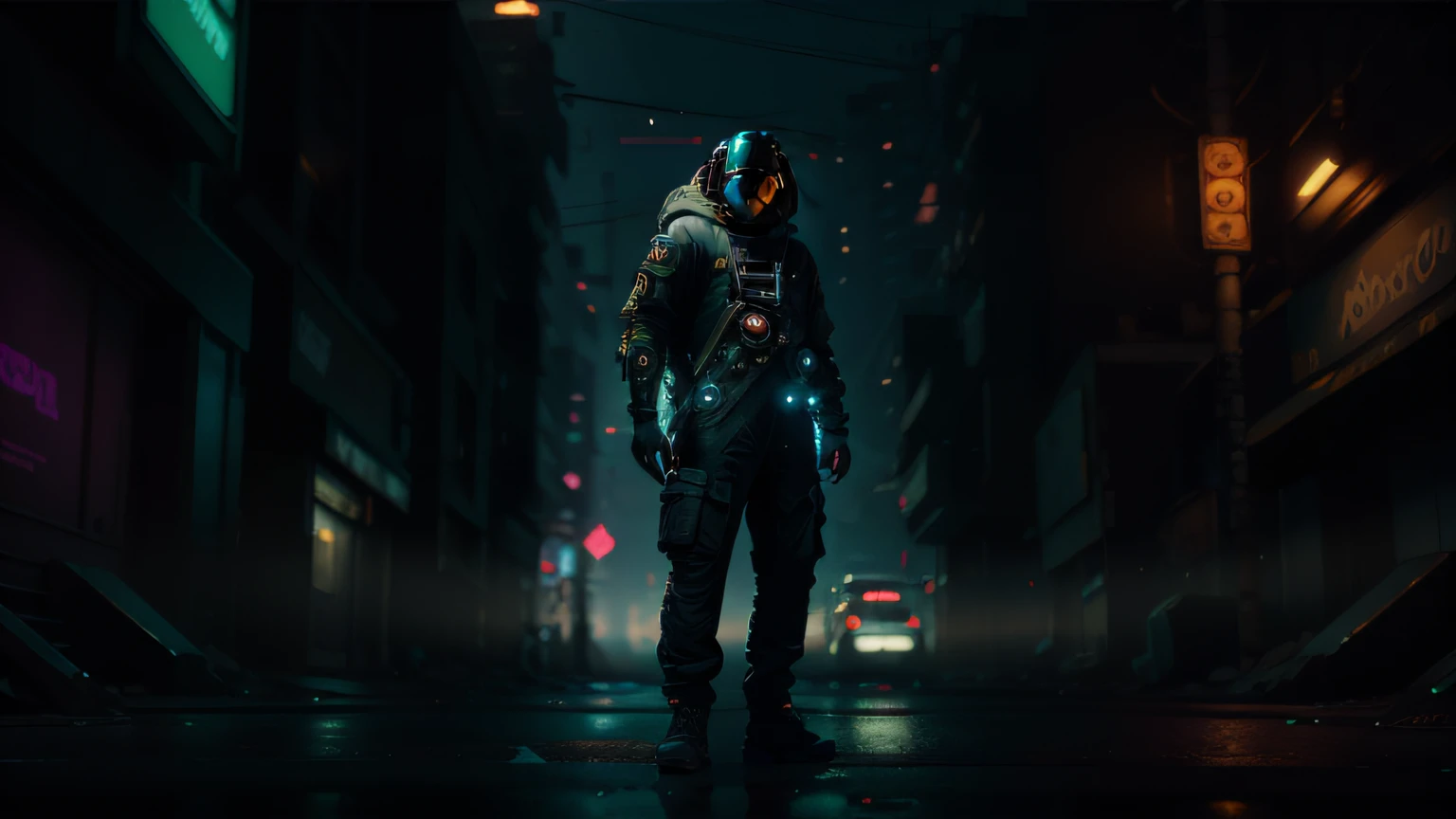 (masterpiece, full body shot, intricate raw photography) Cyberpunk citizen, comfortable oversize black hoodie, black cargo pants, black clothes, dark, wearing a black helmet hitech style Astronaut, intricate, futuristic, advanced technology, dark environment, dramatic, light and shadow, cinematic, action movie, sharpness, random relaxed position, Cyberpunk City, street lights, dark street, night, Insta photo, photo of the year, octane render, substance, Maya 3D, cinema4D, ArtStation Trending, Devian Art Trend,