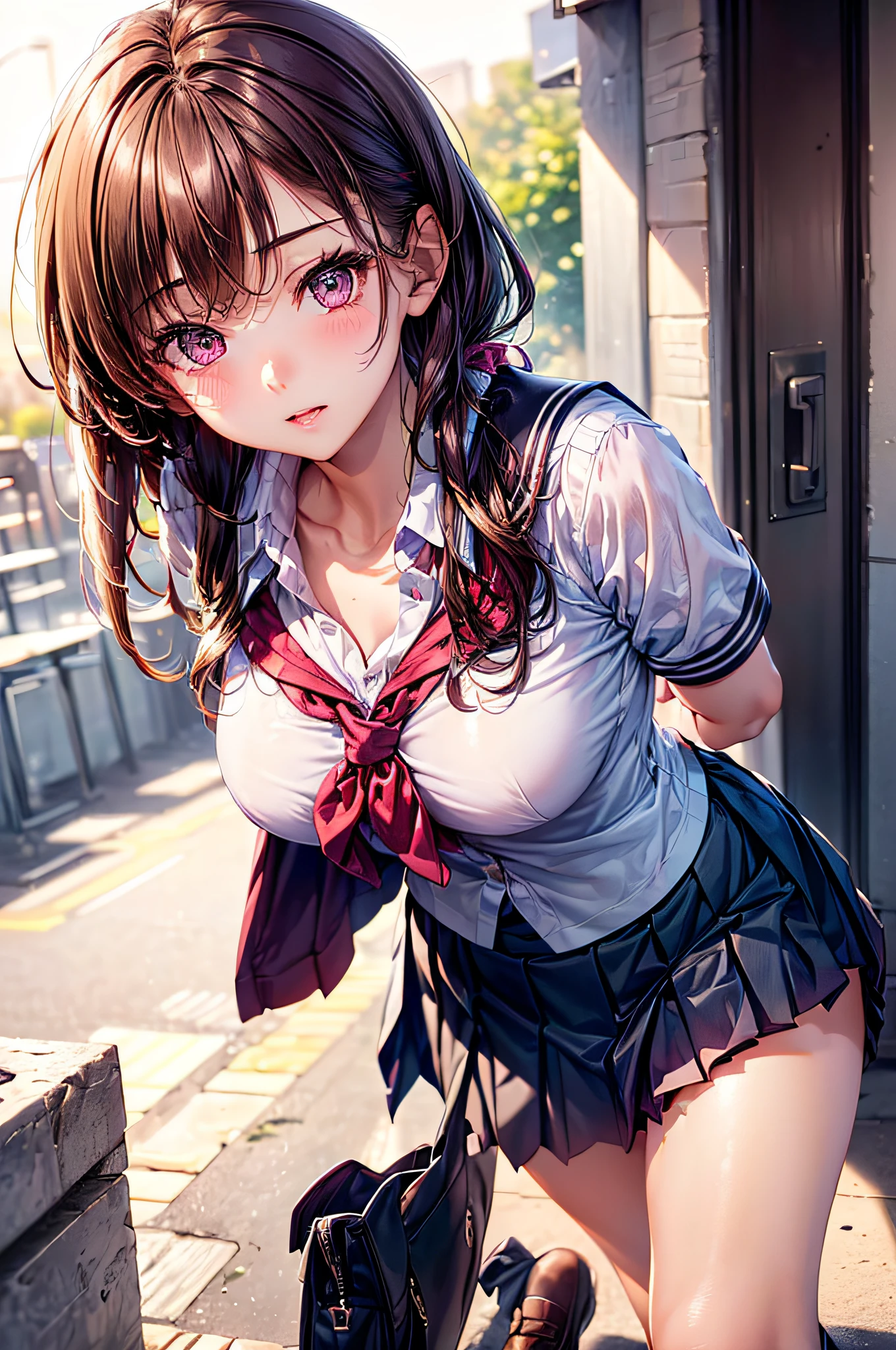 ((1girl in)), (Twin-tailed), Brown hair, Amazing face and eyes, Pink eyes, (amazingly beautiful girl), Brown hair, (High School Uniform, Pleated mini-skirt:1.5), ((Best Quality)), (Ultra-detailed), (extremely detailed CG unified 8k wallpaper), Highly detailed, High-definition raw color photos, Professional Photography, (((Bokeh))), depth of fields, open your legs,