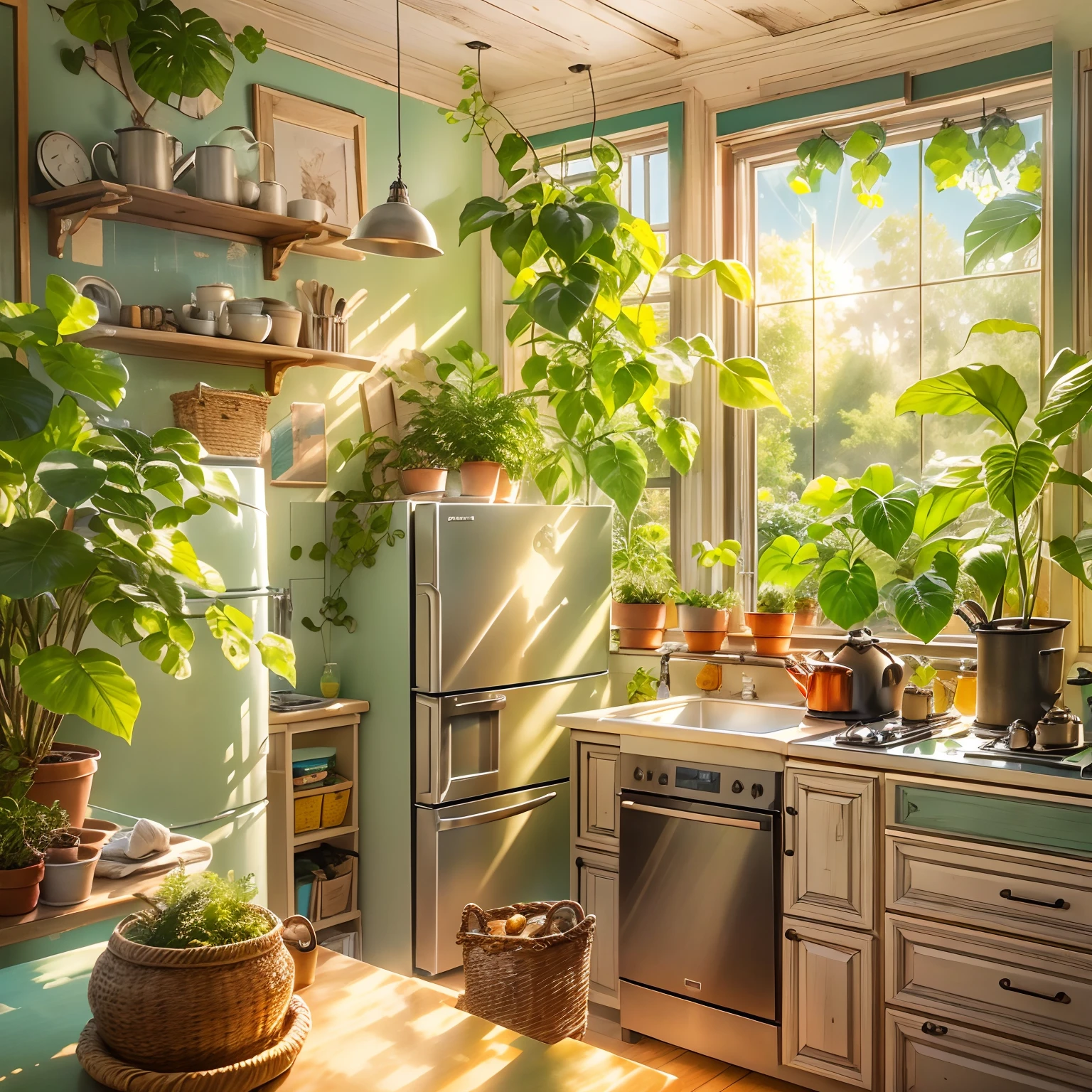 kitchen, Refrigerator, Roaster, a plant, window. rays of sunshine