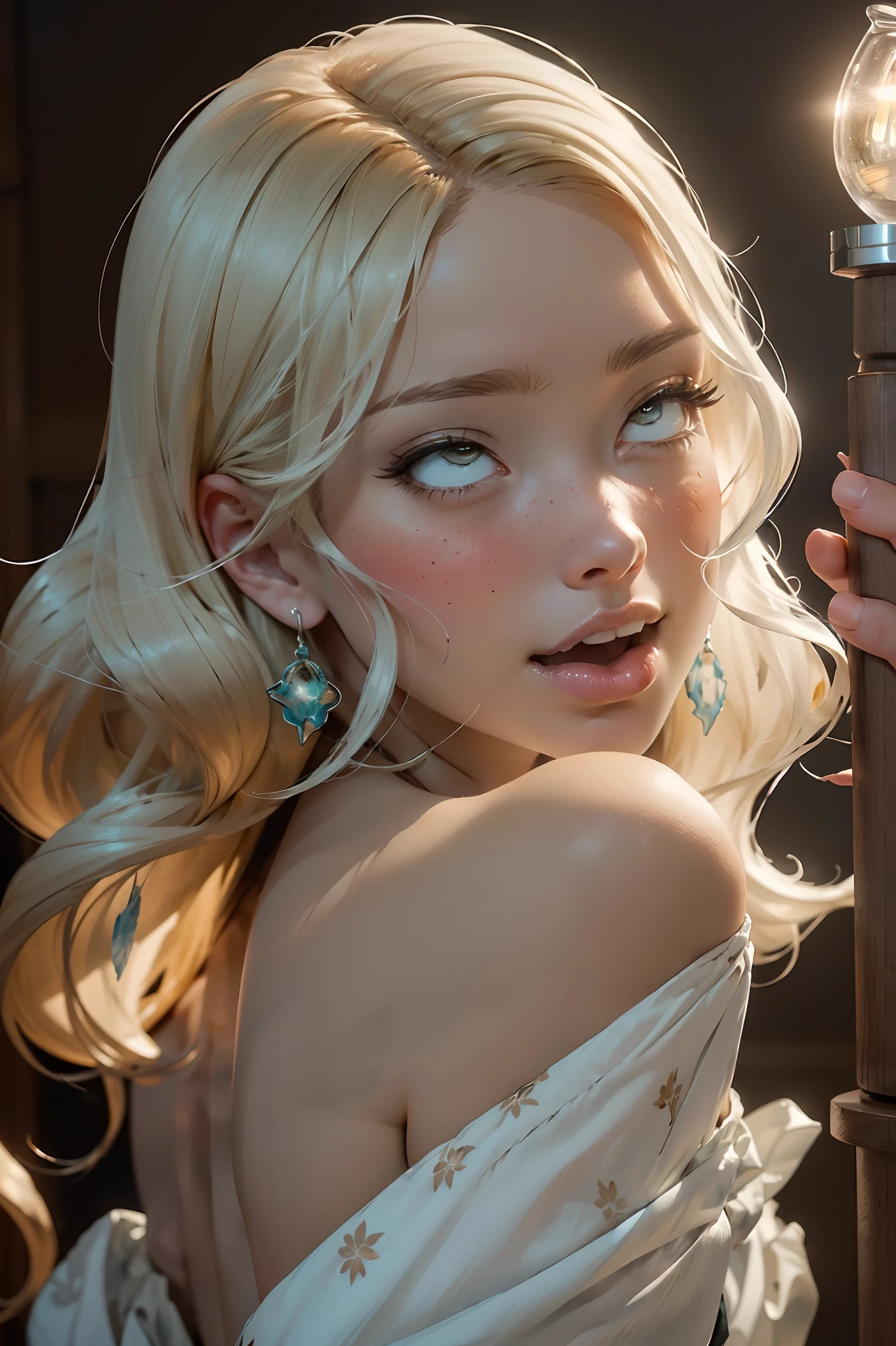 (((masterpiece))), (((best quality))), ((ultra-detailed)), (hyperrealistic), (highly detailed CG illustration), ((extremely delicate and beautiful)),cinematic light, (full body:1.2), 1girl, solo, graceful and enchanting figure, radiating an aura of elegance, intricate facial features, mesmerizing eyes with vibrant colors and delicate shading, white hair, (ahegao,:1.4), (ahg:1.2), climax face, (rolling eyes:1.4), shivering, trembling, in agony, (reaching the climax:1.4),  biting lips,  blush, embarrassed, tongue, drool, (head facing upwards:1.1),clothing with elaborate patterns, flowing fabrics and rich textures, off shoulder, off-the-shoulder, reflecting a blend of fantasy and contemporary fashion, environment showing mystical realm filled with magical elements, vibrant colors, dynamic lighting, detailed background elements to create a sense of depth and immersion , latest trends in anime art, lighting effects, from the top artists on ArtStation and their exceptional execution of various art styles and themes , (cowboy shot:1.4), high-resolution artwork to showcase intricate details and clarity