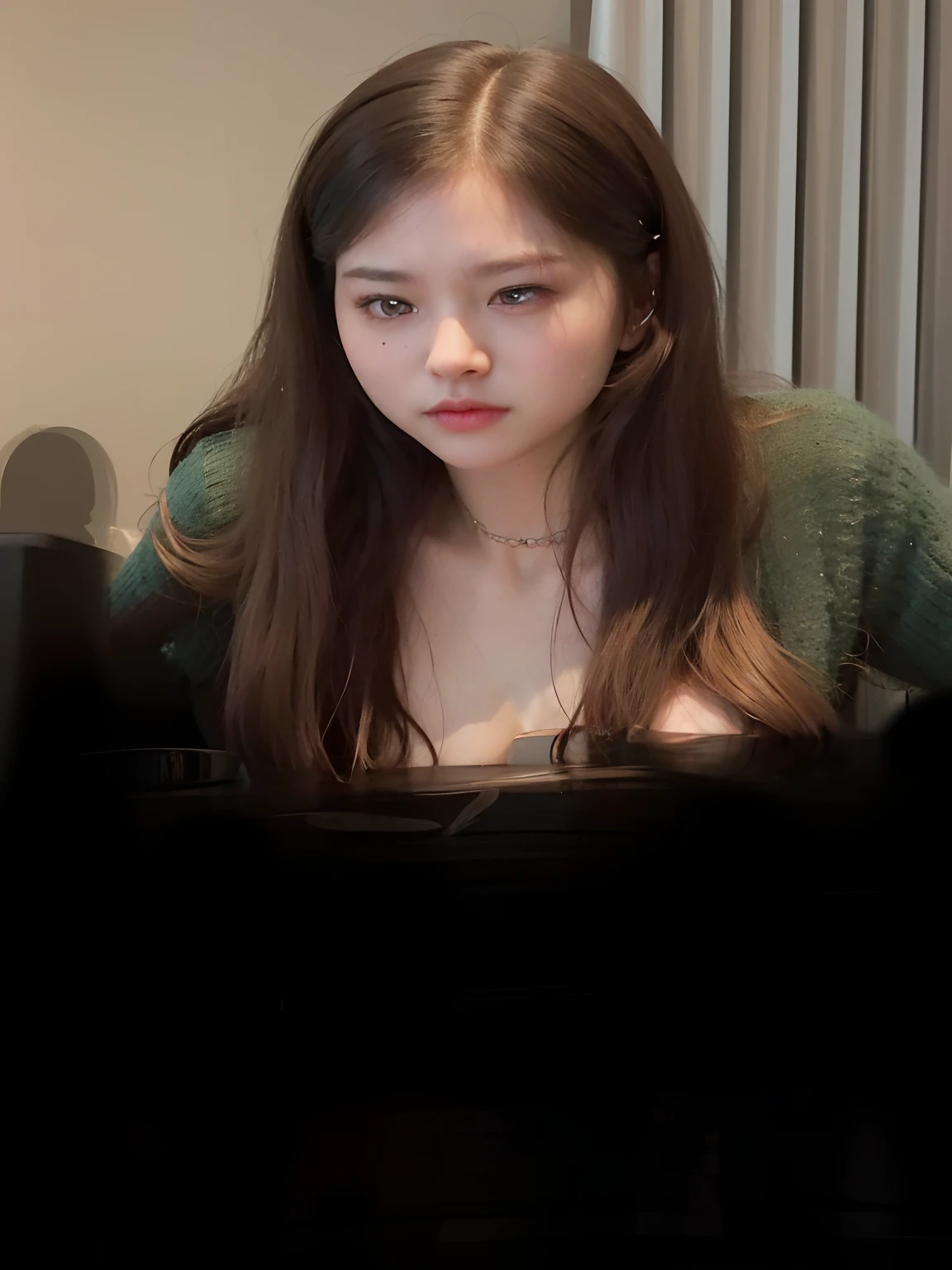 Naked woman. Large breasts. Sitting at a table..A high resolution,Intricate details,Very delicate and beautiful hair,photograph realistic,Dreamy,Professional Lighting,realistic shadow,Beautiful hands,Beautiful fingers,Detailed finger features,detailed clothes features,Detailed hair features,detailed facial features,Style fighting games,Style RPG