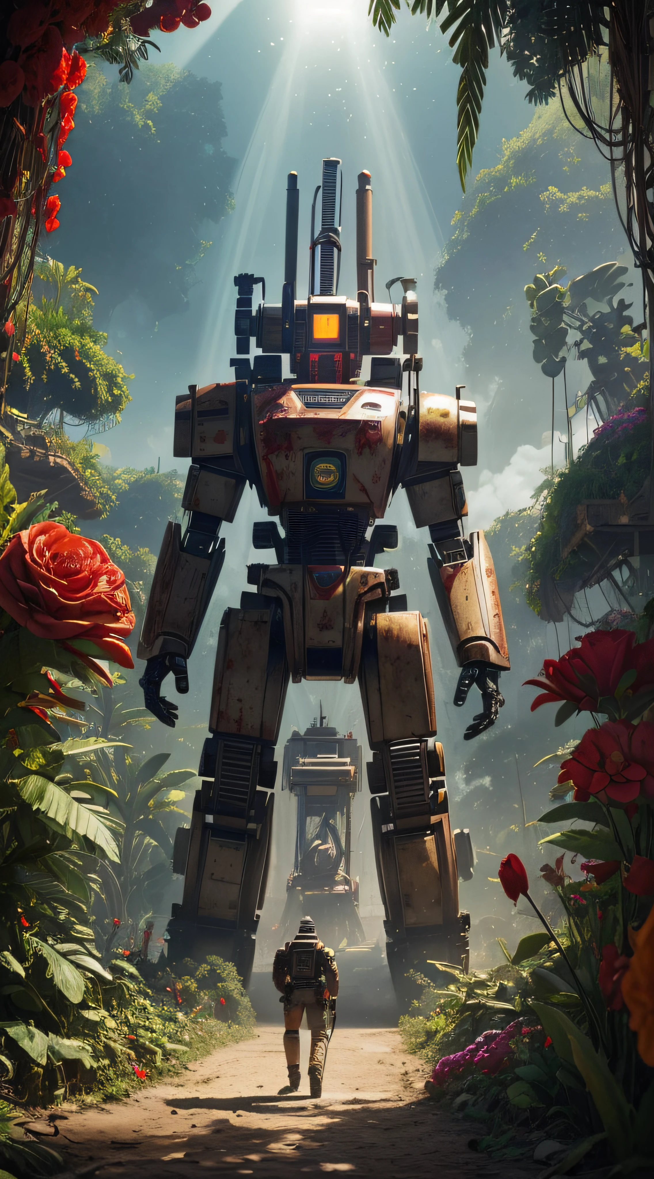 (extremadamente detallado, obra maestra, La mejor calidad, foto antigua, principios de siglo, VHS Aesthetics) Great retro robot with blood in robotic hands. cannons on his back. In the middle of a strange jungle. Vegetables from another dimension. Epic flowers far away, organic trees with meat. Light Volumetric