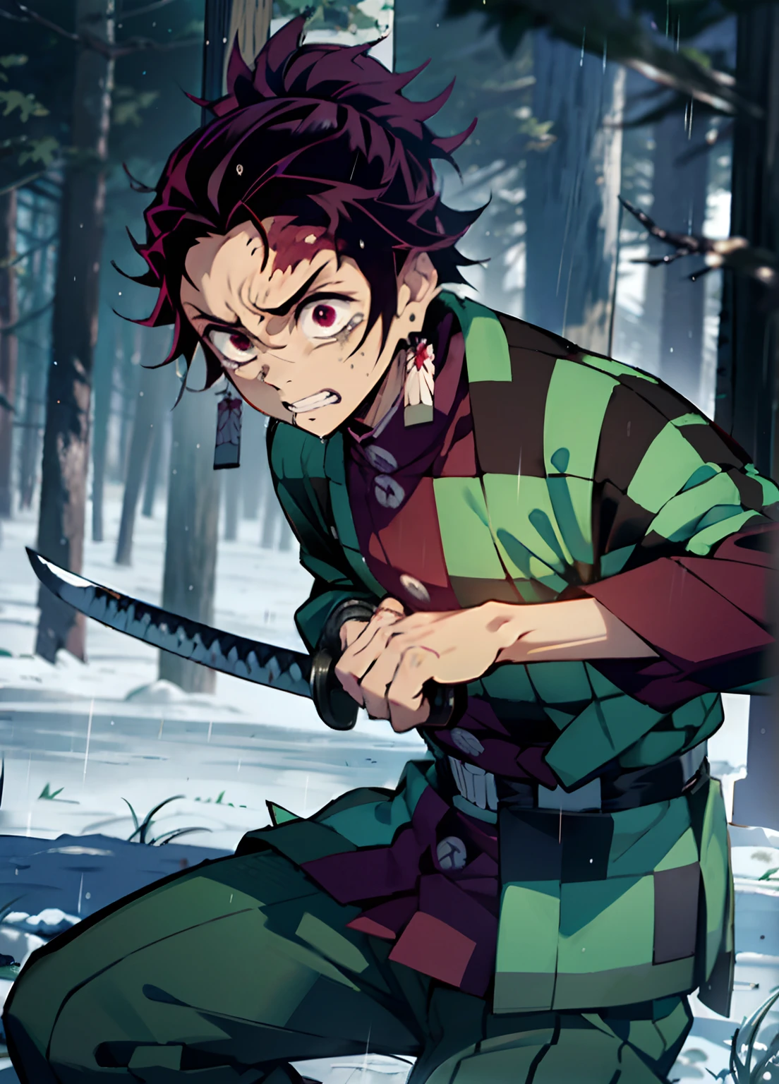 "《Demon Killer》Tanjiro Kamado, heavy rain, Crying, gazing heavenward, Wear a green plaid shirt, Holding a katana，Sword dance，Unbeatable，Pain and persistence，The heat of the heart，Leaning on the sword，A test of will，A symbol of hope."