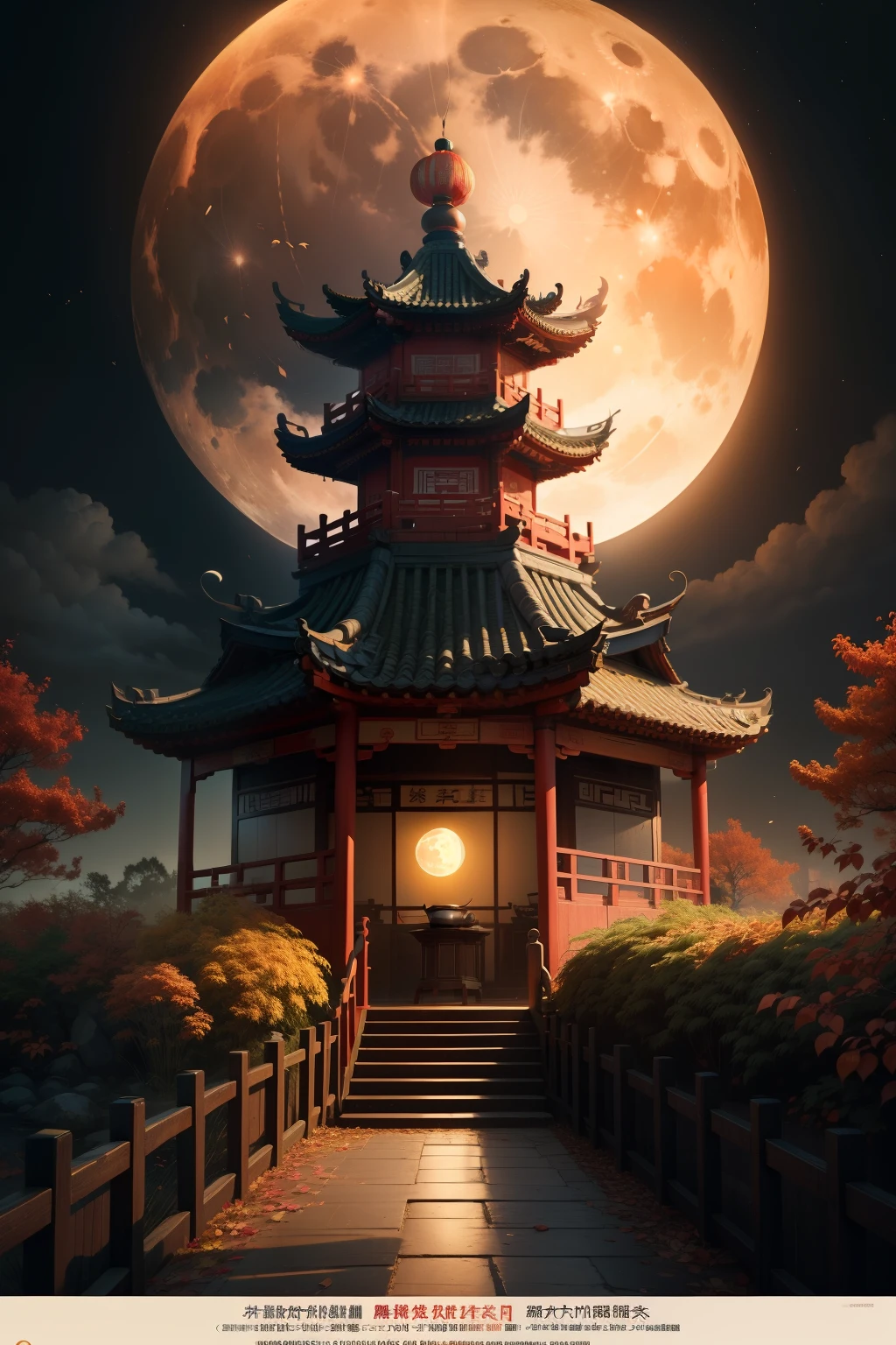 Chinese movie poster, trending on cgstation,Happy mood, Chiba Yuda, Autumn, midautumn, Mood,mid-autumn festival, promotional poster, Warm mood,Chinese style Mid-Autumn Festival moon viewing ancient building,A bright moon in the dark
