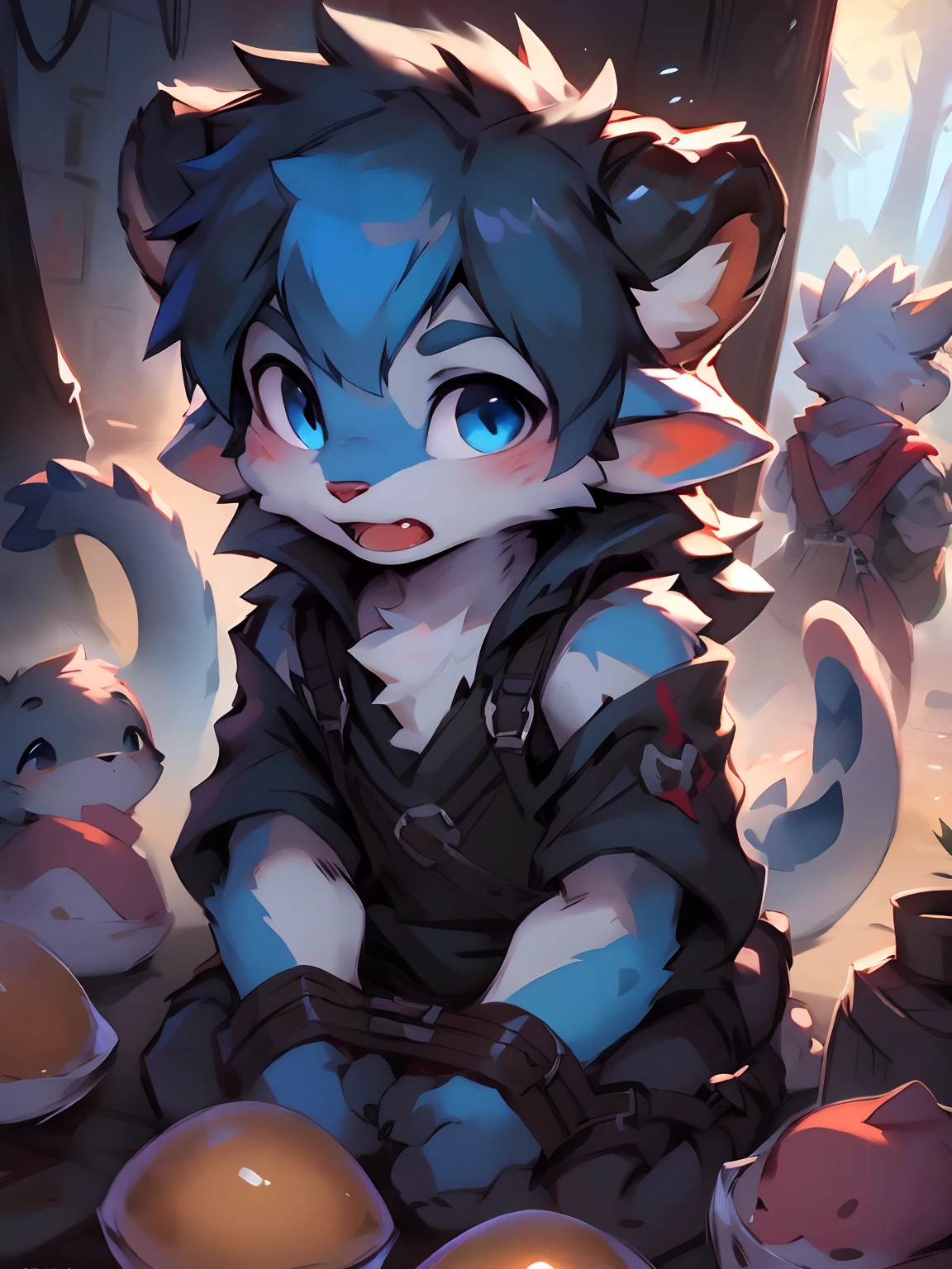 three fourths view，Dark blue body，Fluffy hair，Shota，blue hairs，toddlers，Blue eyes ， adolable， Master masterpieces， A high resolution，8K，detailedbackground，high high quality，Libido boy，独奏，Dragon's horn，Dragon tail，dragon scale，Dragon people ，((, (bdsm), caught, arms tied,Sit in front of a tree)),Happy expression，((lalafell))，solo person，((author：Puinki,By Artists:1.2),(author：Unreal Land,author：Sumi Kuroi,author：Milk Tiger 1145,author：Morkey,author：Emolga 1,Through the egg sac:1.2),(author：Xia Huaiting:0.8),(by Pino Daeni:0.8),(by Hioshiru:0.8),(by Chunie:0.8).)