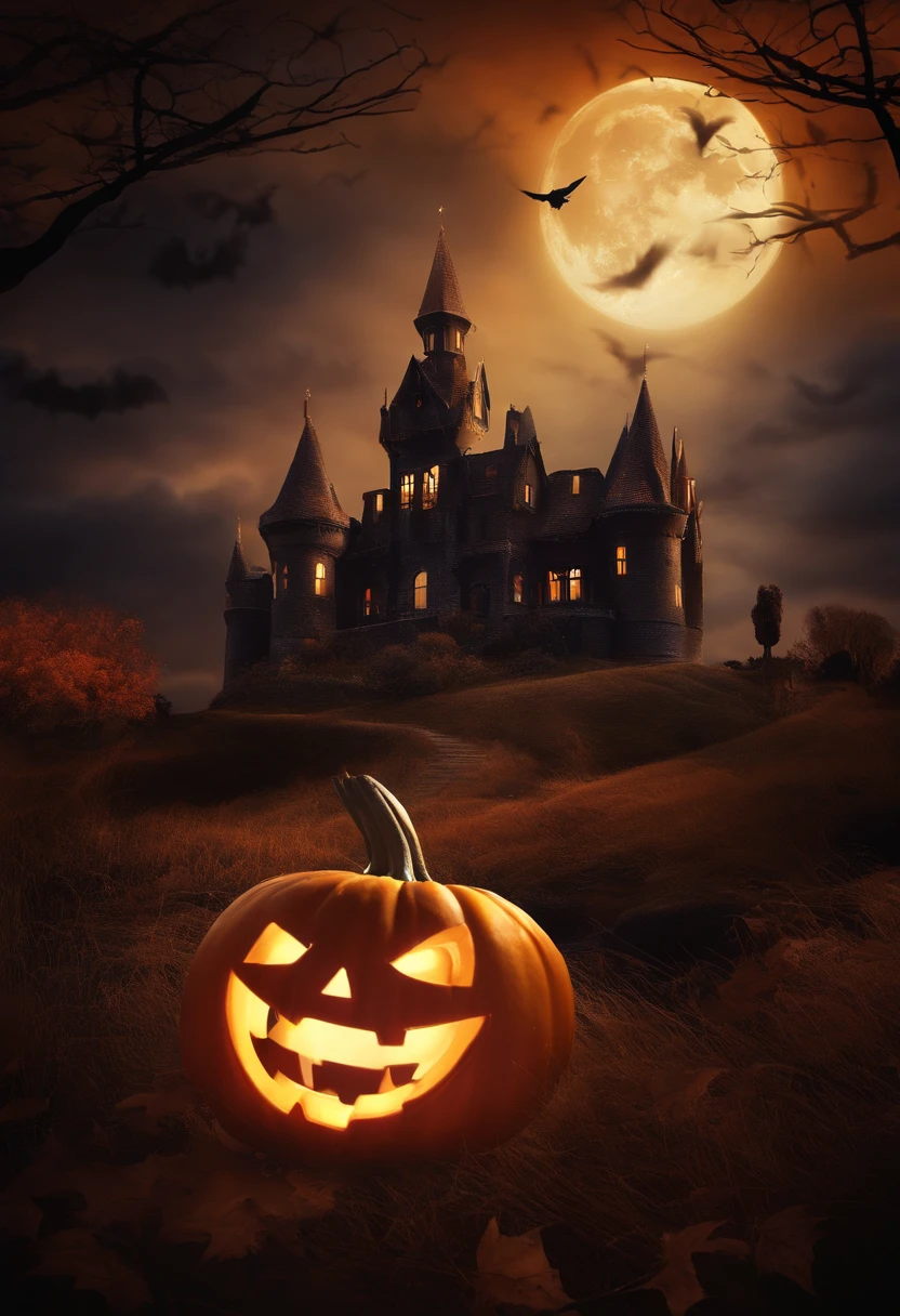 Happy Halloween background with pumpkin and castle, halloween celebration, Halloween, halloween wallpaper with ghosts, halloween theme, halloween atmosphere, spooky halloween fun, halloween night, in a halloween style, terroral》, horror”, creepy themed, halloween scene, spooky halloween night, Trick or Treat, ❤🔥🍄🌪, 8K)), header text”