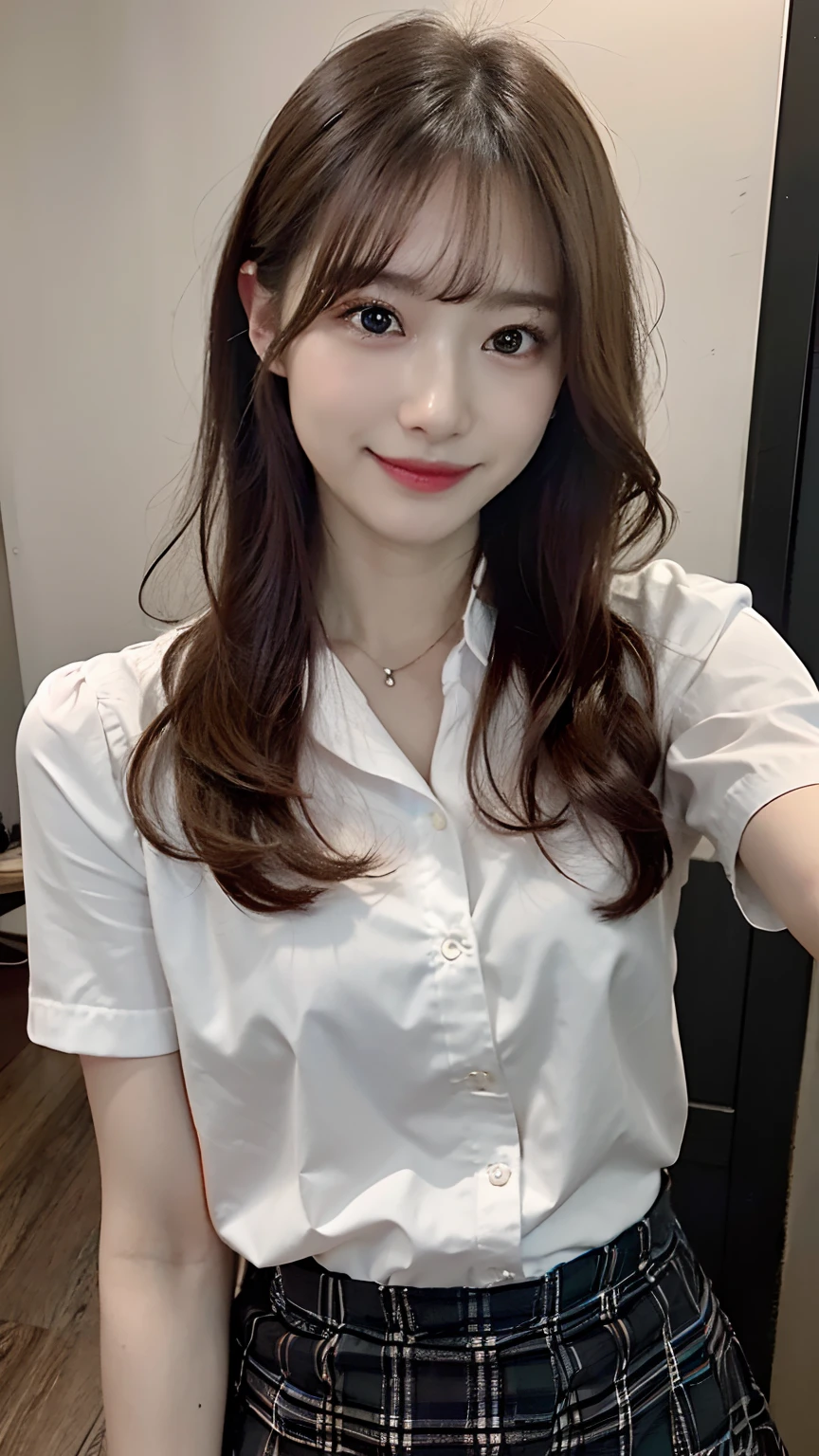 ((Best Quality, 8K, Masterpiece: 1.3)), 1girl, Slim Abs Beauty: 1.3, (Hairstyle Casual), C cup, black tie, white standing translucent collar shirt, super fine face, delicate eyes, double eyelids, smile, motorcycle