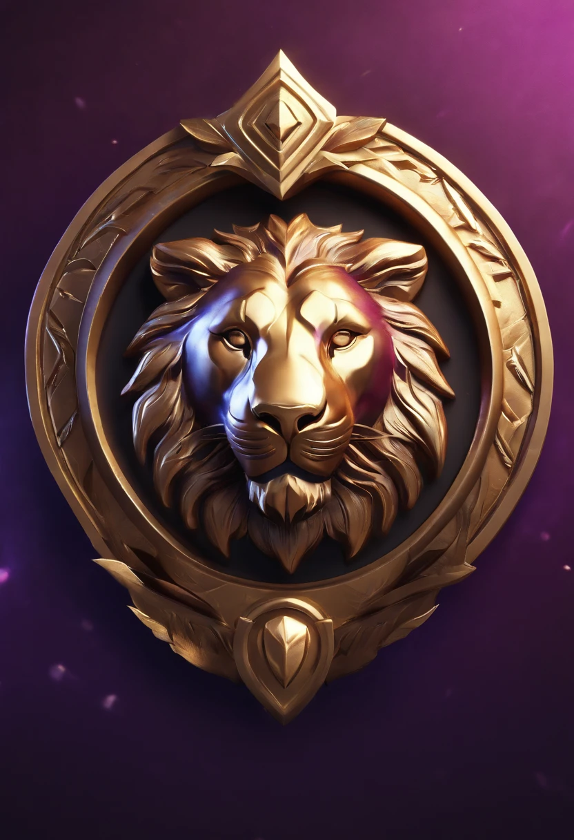 Game medallion with metal lion head closeup with crown,, hearthstone art style, Hearthstone style art, hearthstone concept art, Riot game concept art, style of league of legends, iconic character splash art, league of legends champion,metallic shield，Game badge，Surrounding metal feathers，Purple gold，c4d渲染，Lumpy metal hair