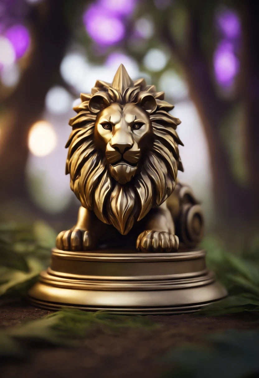 Game medallion with metal lion head closeup with crown,, hearthstone art style, Hearthstone style art, hearthstone concept art, Riot game concept art, style of league of legends, iconic character splash art, league of legends champion,metallic shield,Game badge,Surrounding metal feathers,Purple gold,c4d渲染,Lumpy metal hair