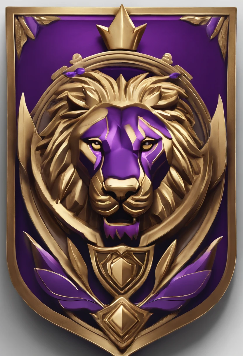 Game medallion with metal lion head closeup with crown,, hearthstone art style, Hearthstone style art, hearthstone concept art, Riot game concept art, style of league of legends, iconic character splash art, league of legends champion,metallic shield,Game badge,Surrounding metal feathers,Purple gold,c4d渲染,Lumpy metal hair