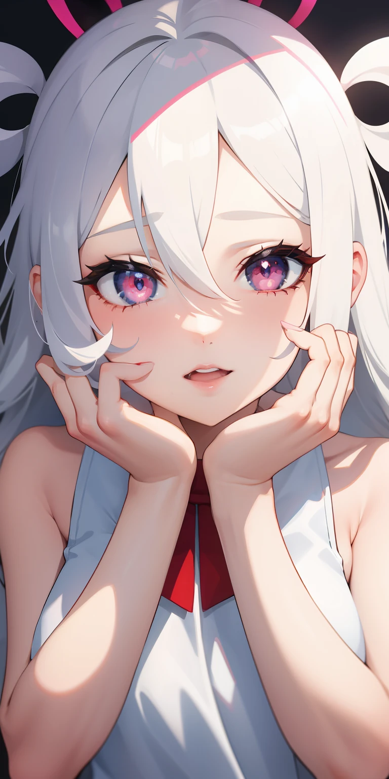 1girl,heart-shaped pupils,fingernails,hands on own face,white hair,naked,saxy