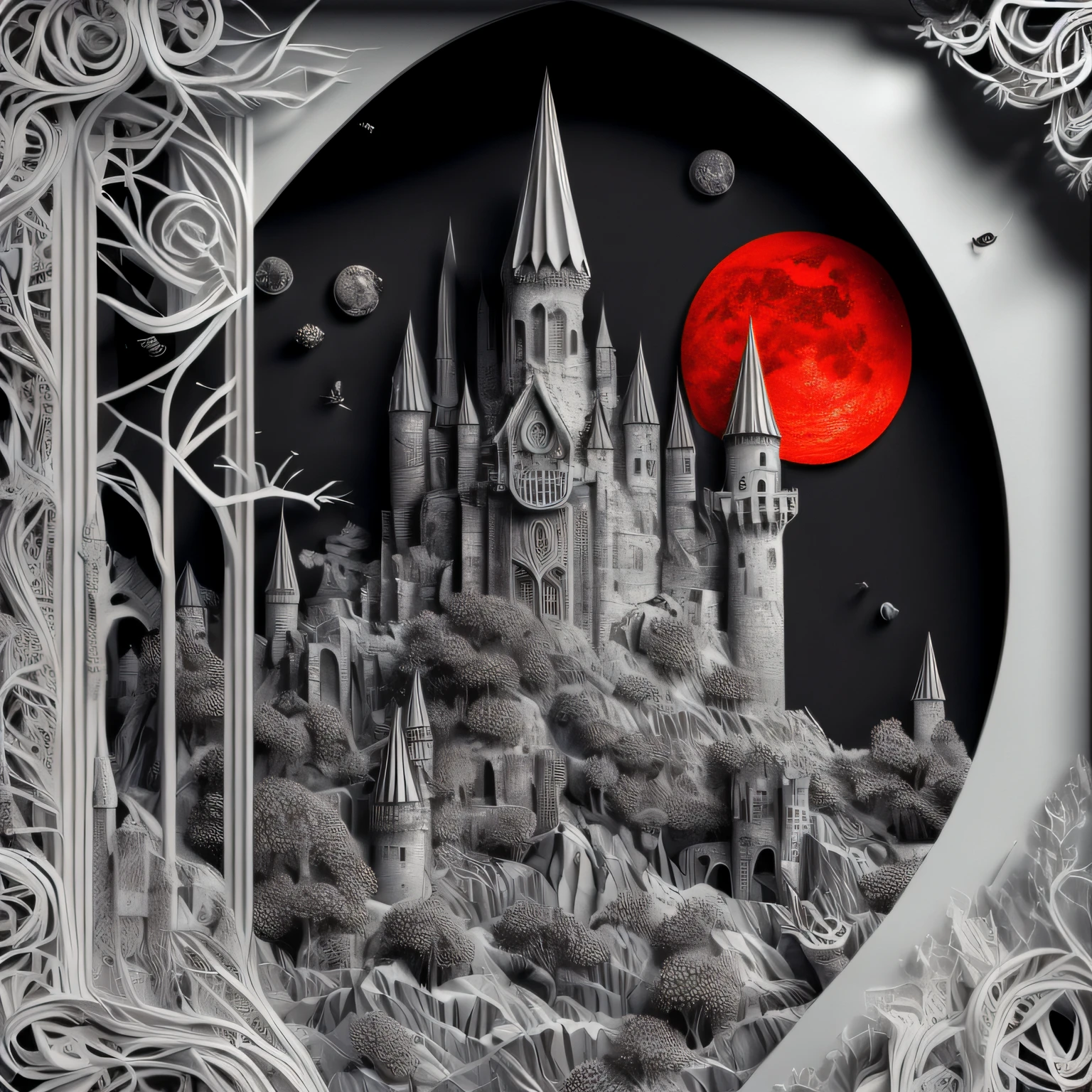 black and white and red scenic picture (paper cut art: 1.5) of a dark vampire castle at night, a masterpiece award winning (paper cut art picture: 1.5), Vampire dark castle at night with towers. turrets, a moat, using only (black: 1.2), (white: 1.2) and (red: 1.2)  colors, moon stars, dynamic angle, moon lightning, dynamic angle, best details, best quality, 16K, [ultra detailed], masterpiece, best quality, (ultra detailed), full body, ultra wide shot, photorealistic 3D rendering