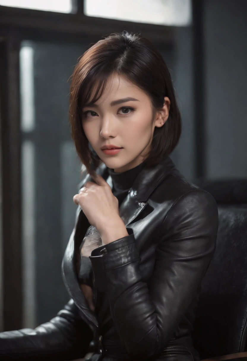 Wearing black leather gloves up to the fingertips in both hands, upper body, black leather double riders jacket, slender necklace, young and cute Japanese girl with beautiful black hair, sitting on a black leather chair facing the desk in the boss's empty room at night, aligning both hands with black leather gloves on the desk