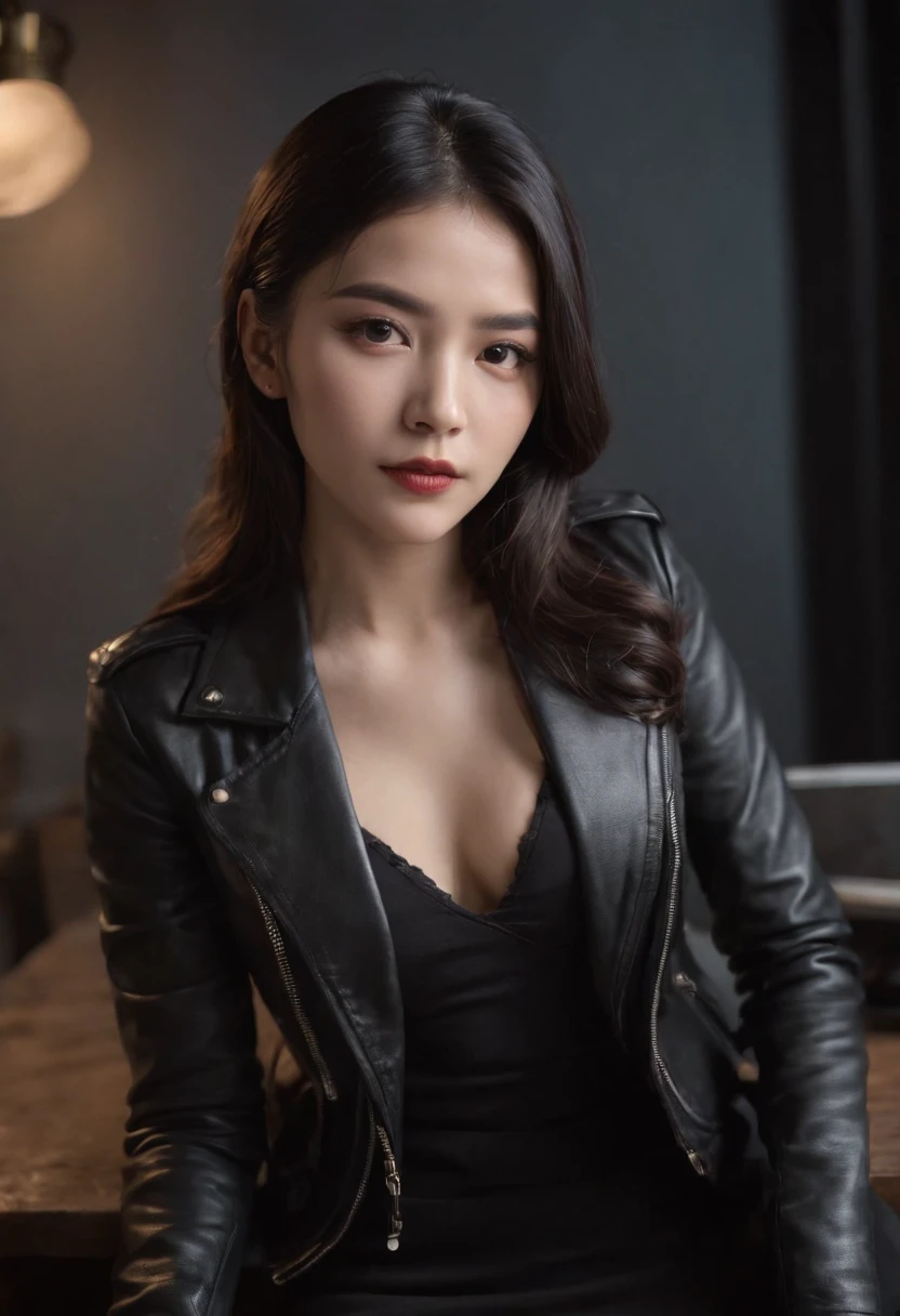 Wearing black leather gloves on both hands Upper body Black leather rider jacket Necklace on chest Facing desk in modern study in the dark, Look down and smile, Young Japan woman with long straight black hair (Black leather gloves covering both hands) Working at computer sitting on chair with black leather gloved fingers