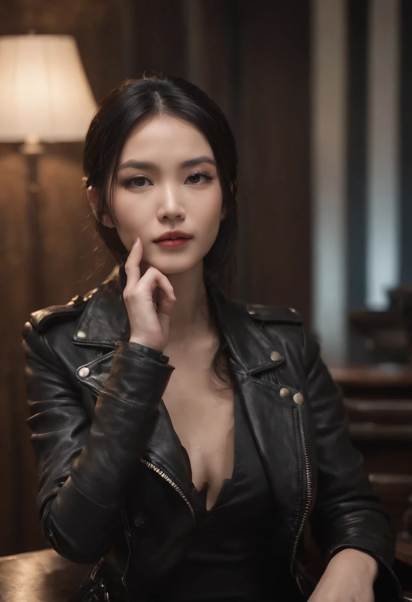 Wearing black leather gloves up to the fingertips in both hands, upper body, black leather double riders jacket, slender necklace, young and cute Japanese girl with beautiful black hair, sitting on a black leather chair facing the desk in the boss's empty room at night, aligning both hands with black leather gloves on the desk