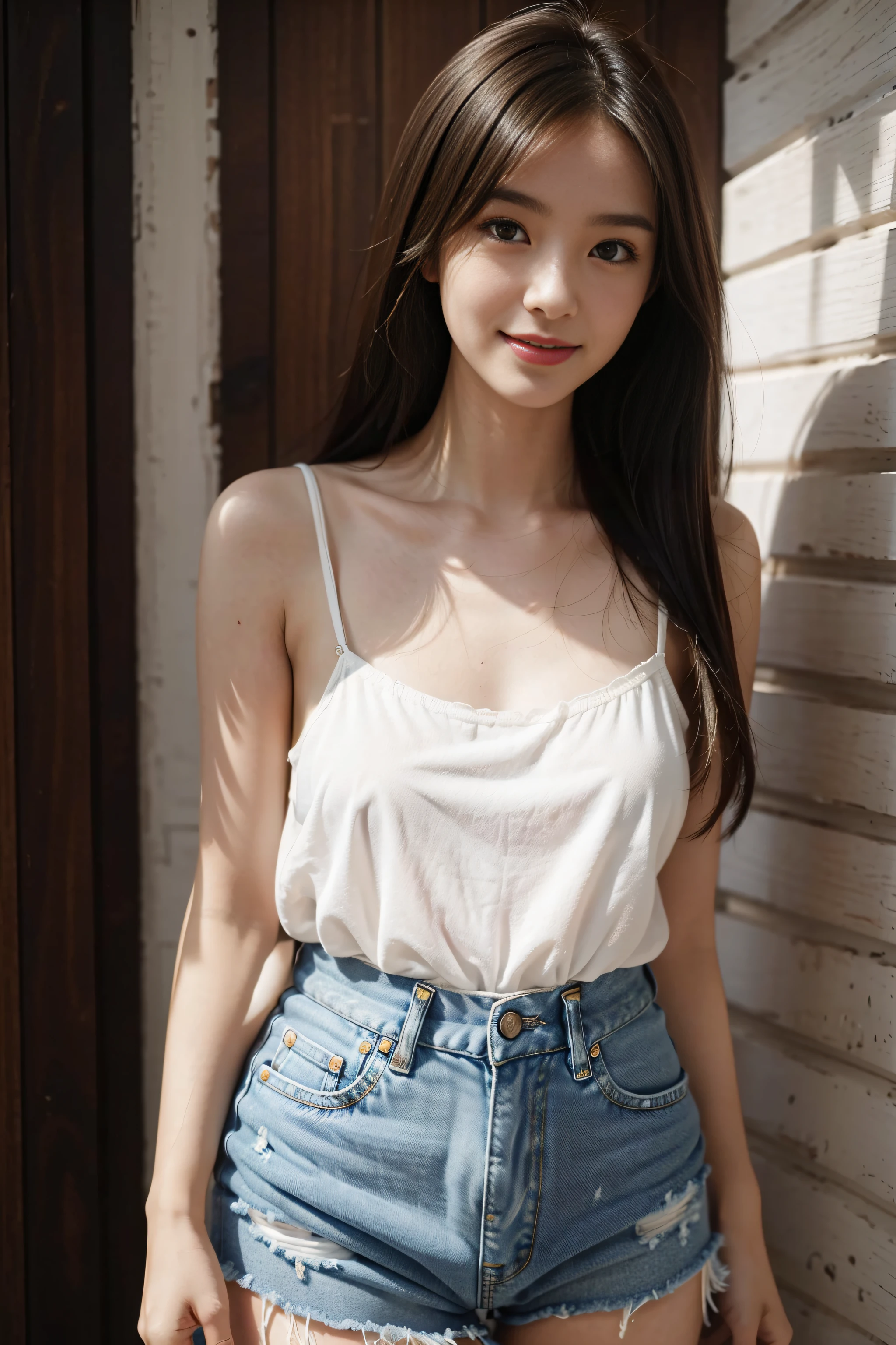 (Best quality, Complex details: 1.2) ,1 girl,24 years of age,,(White skin), Solo, (camisole), Denim shorts,ssmile,