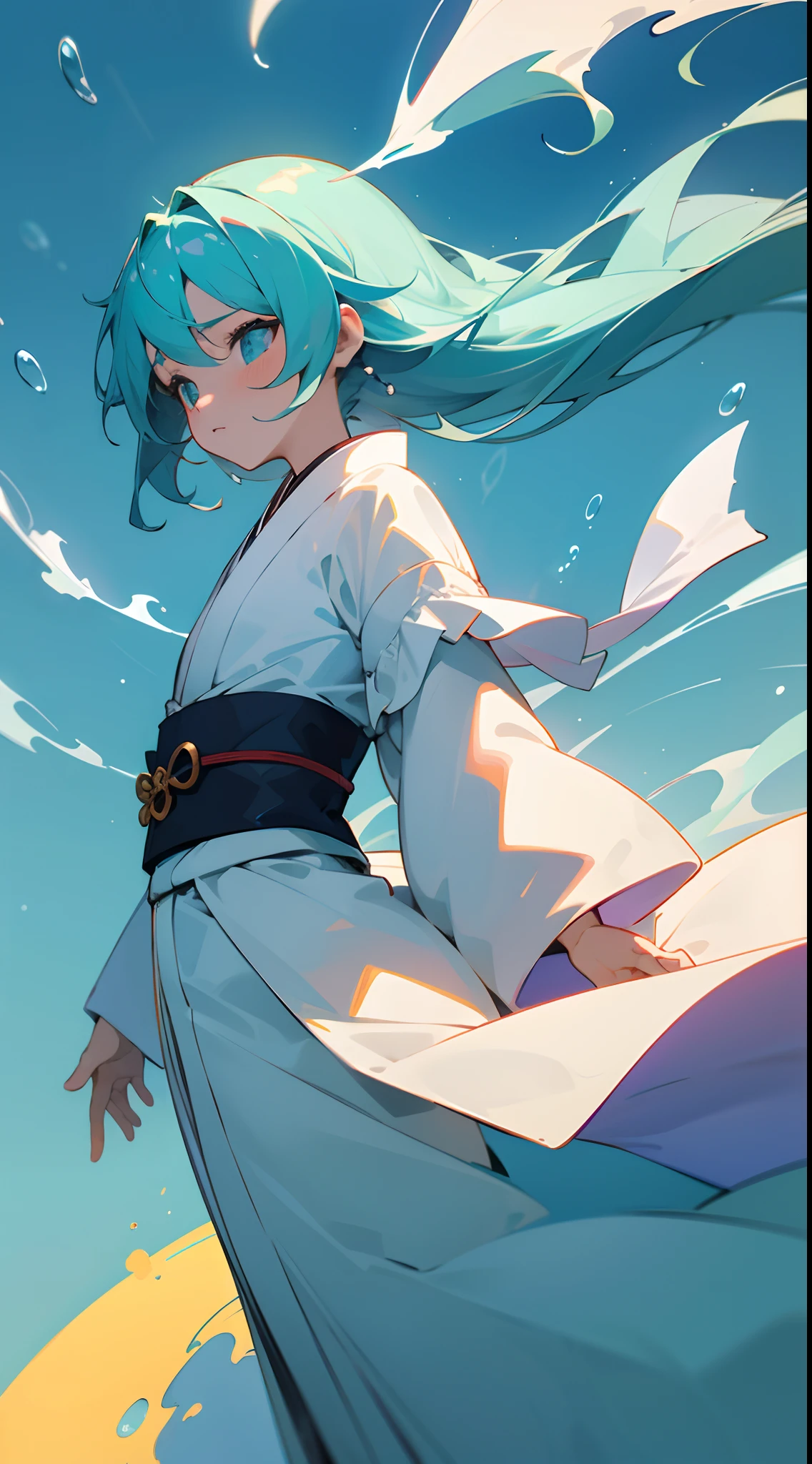 hyper HD, retinas, Anatomically correct, Textured skin, Super detail, Best quality, A high resolution,Nice card back,Animate,aqua background,Reduce color brightness,The background color of the gradient,Circular bubbles float upwards,Break!,1个Giant Breast Girl,Kimono with white,Fall