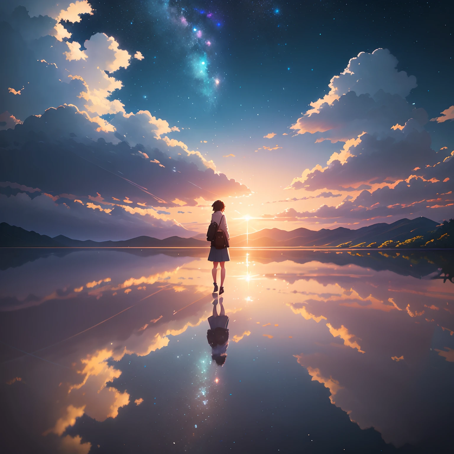 High-quality masterpieces, Landscapes, Clouds, Anime trains pass bodies of water on distant tracks, Bright starry sky. Traveler, Romantic lights, Pisif, concept-art, Lofi art style, Reflection. Makoto Shinkai, Raffe Art, beautiful anime scenes, Anime landscapes, Detailed view — width 672, Makoto Shinkai's style, Makoto Shinkai's style, Enhanced detail.