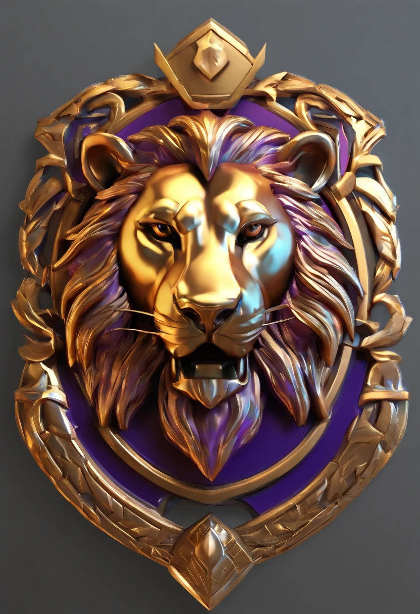 Game medallion with metal lion head closeup with crown,, hearthstone art style, Hearthstone style art, hearthstone concept art, Riot game concept art, style of league of legends, iconic character splash art, league of legends champion,metallic shield,Game badge,Surrounding metal feathers,Purple gold,c4d渲染,Bulk metal