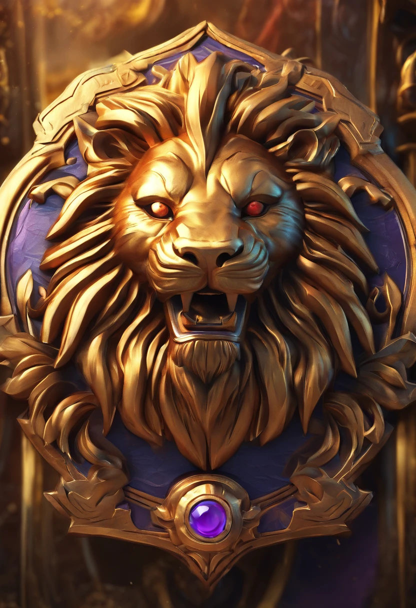 Game medallion with metal lion head closeup with crown,, hearthstone art style, Hearthstone style art, hearthstone concept art, Riot game concept art, style of league of legends, iconic character splash art, league of legends champion,metallic shield,Game badge,Surrounding metal feathers,Purple gold,c4d渲染,Bulk metal
