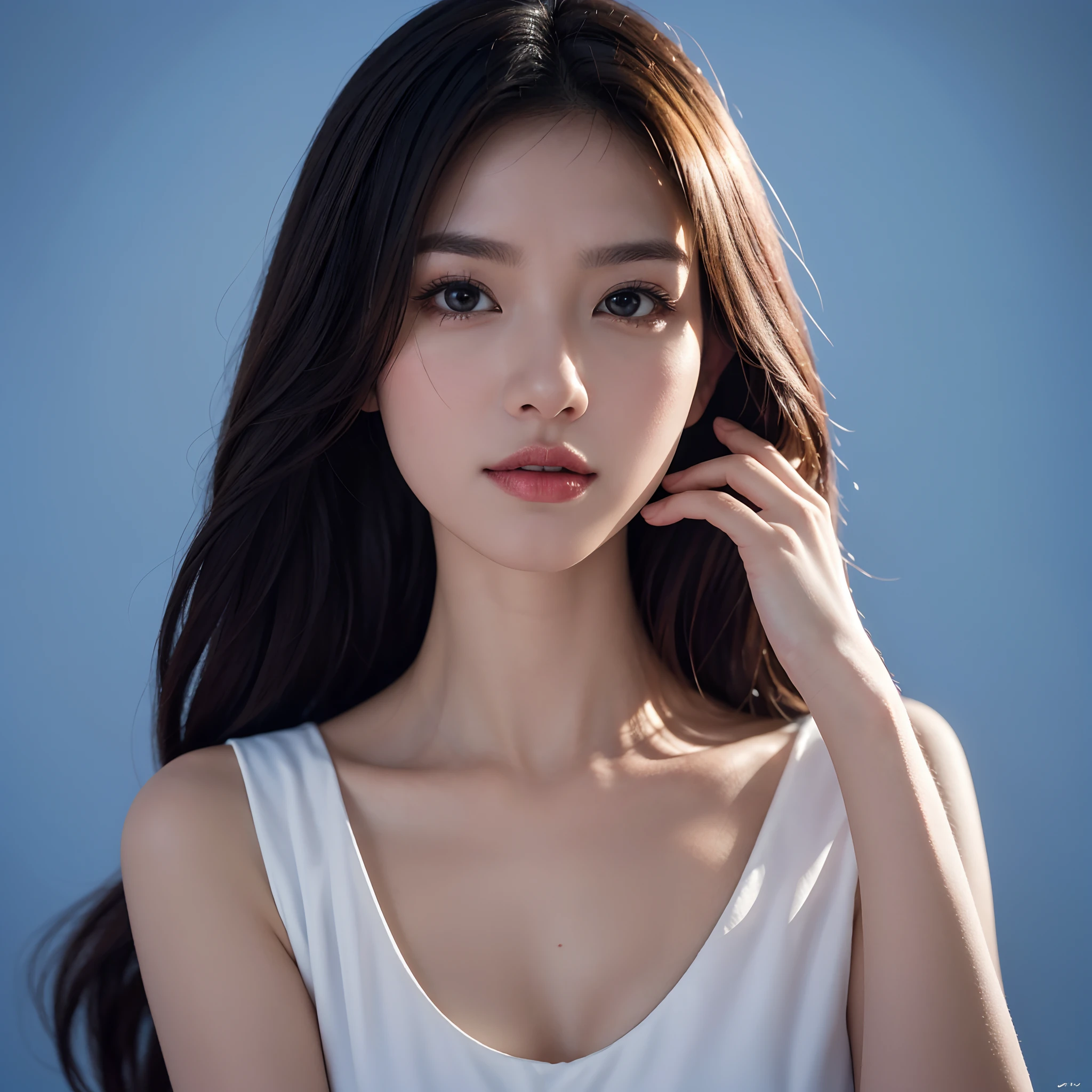arafed woman in a white dress posing for a picture, portrait of modern darna, head and shoulders photography, young beautiful woman, mid shot portrait, a beautiful woman in white, portrait photo of a backdrop, cindy avelino, with a blue background, promotional portrait, photoshoot portrait, portrait pose, portrait image, close - up studio photo, blue backdrop