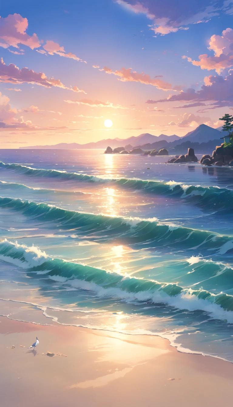 (best quality,4k,8k,highres,masterpiece:1.2),ultra-detailed,(realistic,photorealistic,photo-realistic:1.37),vivid colors,ocean sunset,beautiful detailed waves,reflecting sun rays,magnificent clouds,dramatic sky,silhouette of a lone sailboat,spectacular horizon,glowing orange and purple hues,serene atmosphere,soft gently lapping waves,peaceful and tranquil scene,sparkling sunlight on the water,serene and calm ambiance,ethereal beauty,with a touch of romance,mesmerizing view of the setting sun,ocean breeze,tidal waves crashing against the shore,majestic and awe-inspiring scenery,serenity and tranquility,seagulls flying in the distance,seamless transition from day to night,serene stillness of the ocean,rippling water creating a dreamy effect,soft glowing light illuminating the scene,serene and magical setting,secluded and untouched beach
