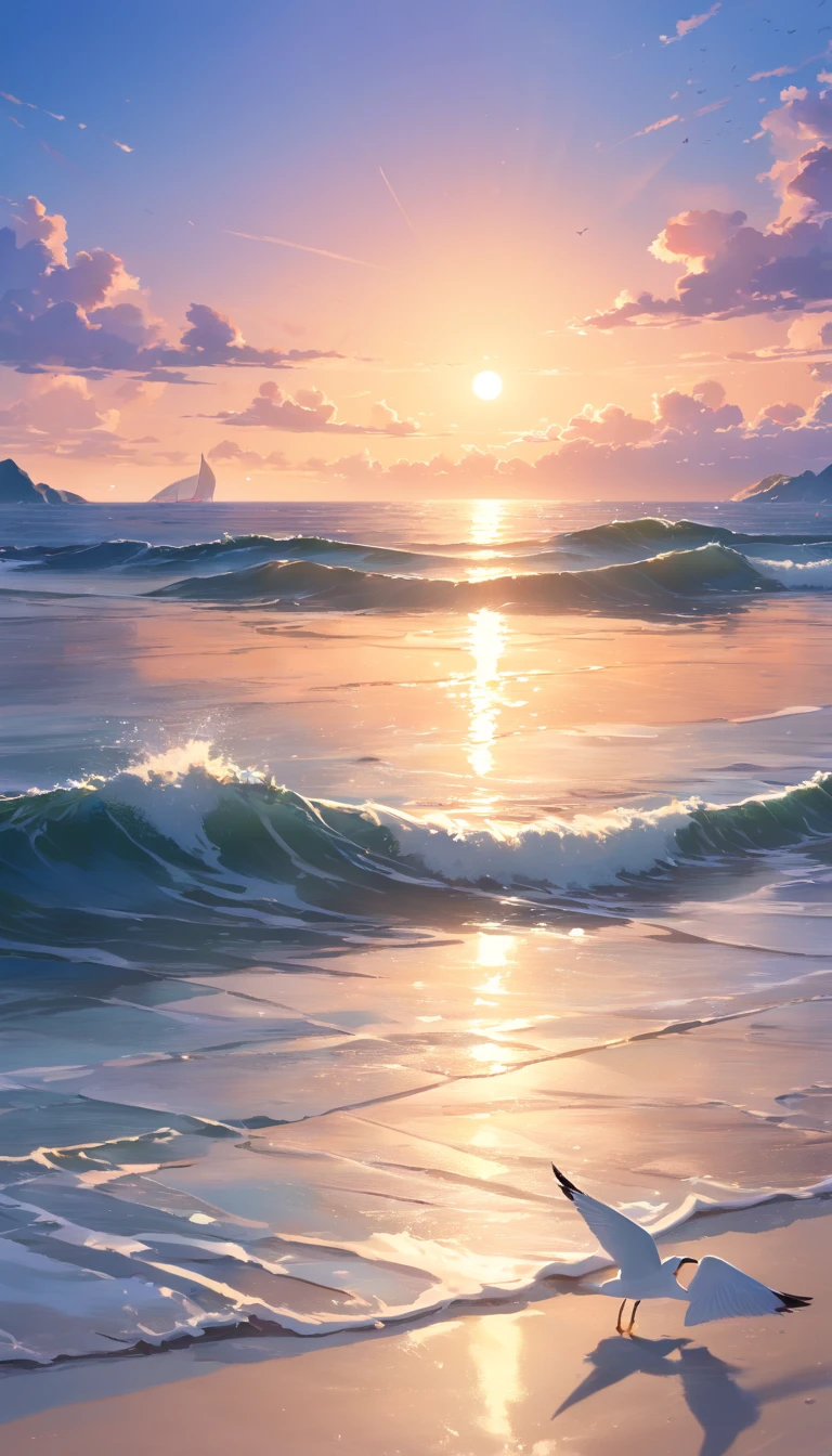 (best quality,4k,8k,highres,masterpiece:1.2),ultra-detailed,(realistic,photorealistic,photo-realistic:1.37),vivid colors,ocean sunset,beautiful detailed waves,reflecting sun rays,magnificent clouds,dramatic sky,silhouette of a lone sailboat,spectacular horizon,glowing orange and purple hues,serene atmosphere,soft gently lapping waves,peaceful and tranquil scene,sparkling sunlight on the water,serene and calm ambiance,ethereal beauty,with a touch of romance,mesmerizing view of the setting sun,ocean breeze,tidal waves crashing against the shore,majestic and awe-inspiring scenery,serenity and tranquility,seagulls flying in the distance,seamless transition from day to night,serene stillness of the ocean,rippling water creating a dreamy effect,soft glowing light illuminating the scene,serene and magical setting,secluded and untouched beach
