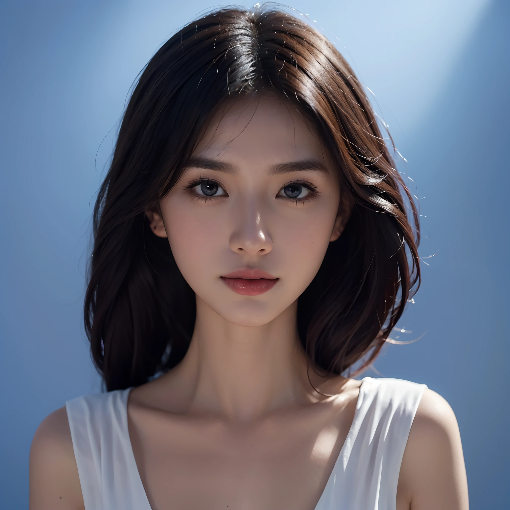 arafed woman in a white dress posing for a picture, portrait of modern darna, head and shoulders photography, young beautiful woman, mid shot portrait, a beautiful woman in white, portrait photo of a backdrop, cindy avelino, with a blue background, promotional portrait, photoshoot portrait, portrait pose, portrait image, close - up studio photo, blue backdrop