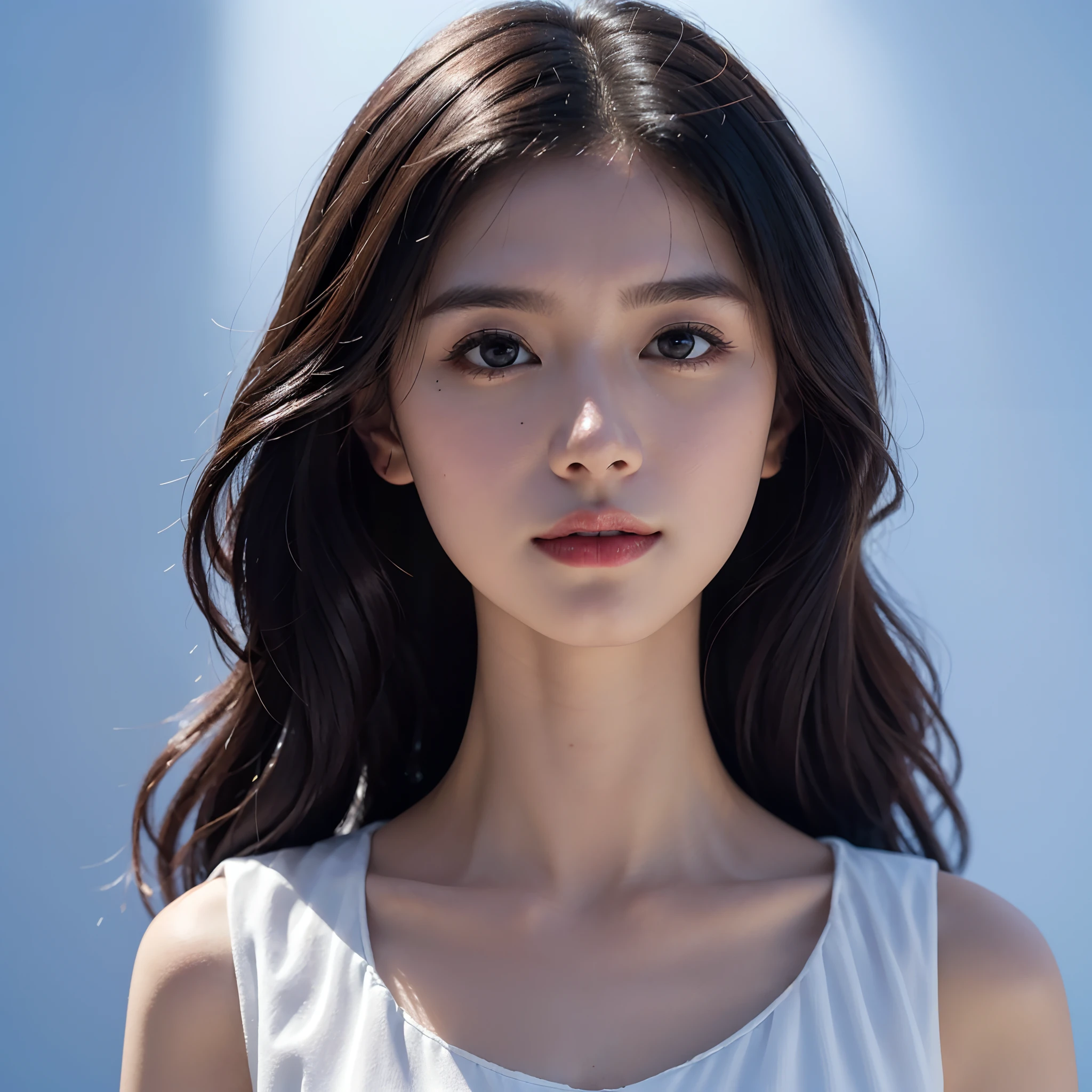 arafed woman in a white dress posing for a picture, portrait of modern darna, head and shoulders photography, young beautiful woman, mid shot portrait, a beautiful woman in white, portrait photo of a backdrop, cindy avelino, with a blue background, promotional portrait, photoshoot portrait, portrait pose, portrait image, close - up studio photo, blue backdrop
