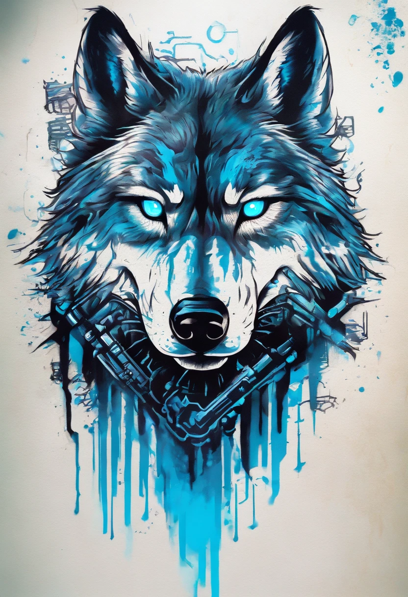 Black and gray realistic wolf tattoo art (((Blue's eyes))) Features an ink splash sketch effect ,He spoke。,,,,、Looks very angry