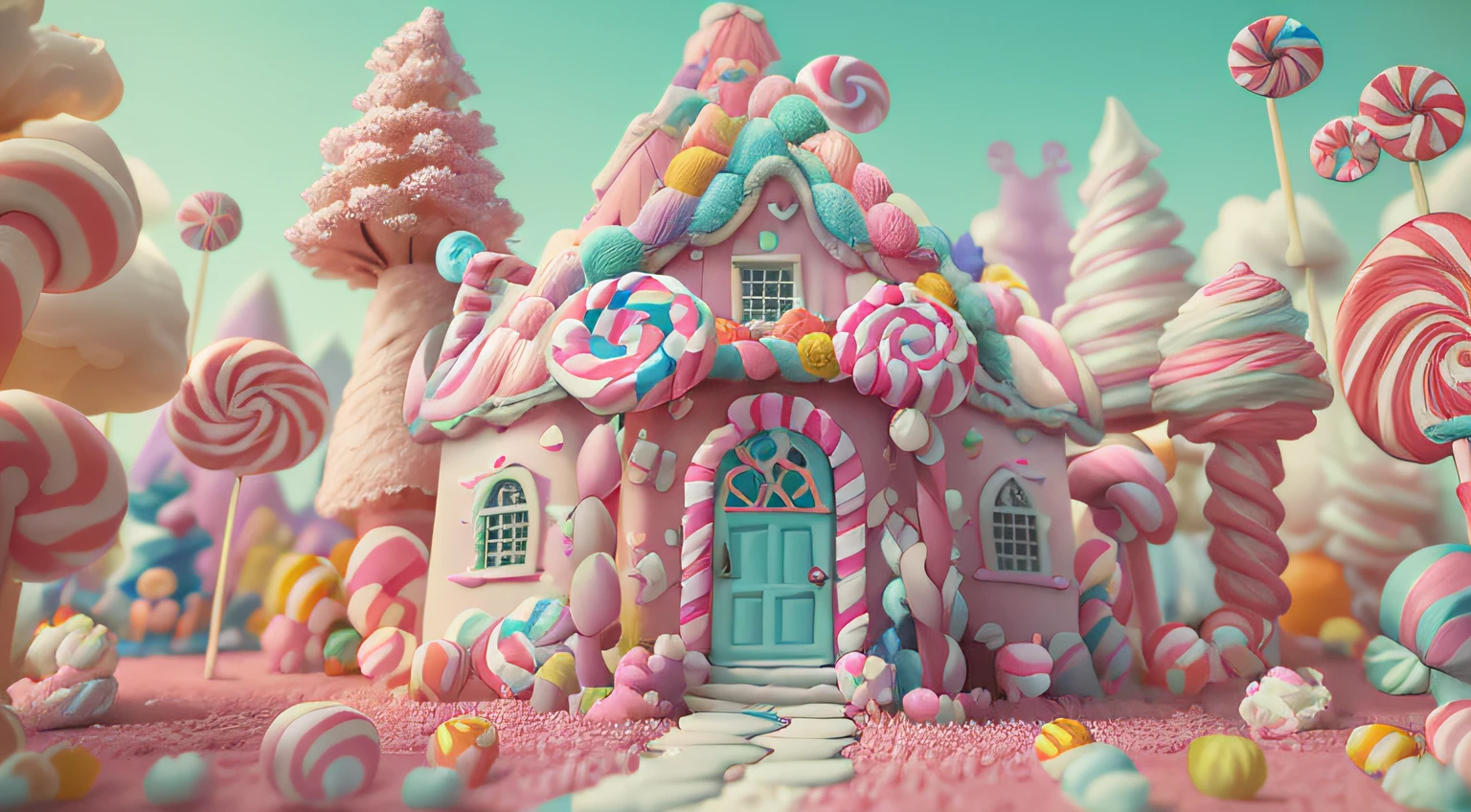 Masterpiece,first person perspective,(A small candy house),(Candy Land style house), cotton candy trees, everything is made of candy, cotton candy, candyland,made of candy, made of candy and lollypops , Carve with candy, candy forest, Candy coating, RAW photo, Hyper-realistic, max details, Intricate details,