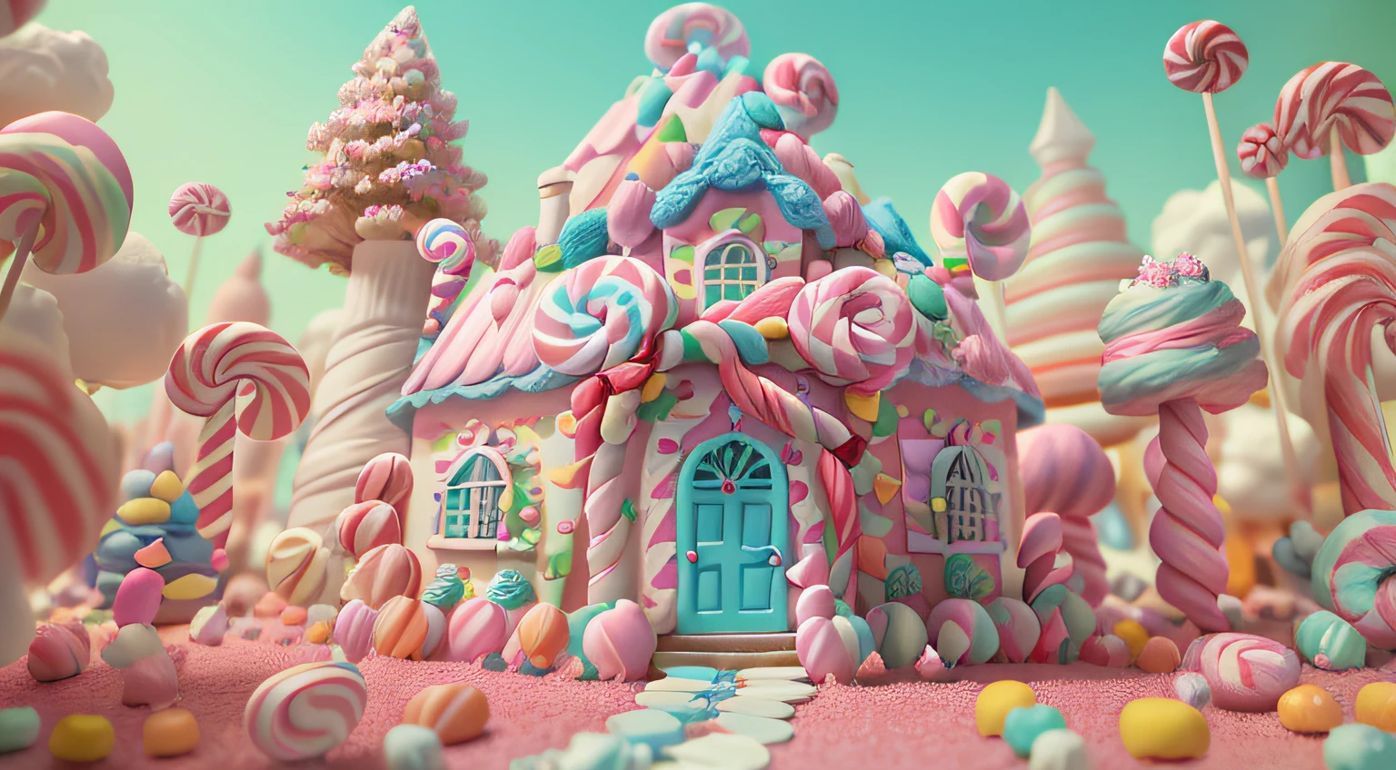 Masterpiece,first person perspective,(A small candy house),(Candy Land style house), cotton candy trees, everything is made of candy, cotton candy, candyland,made of candy, made of candy and lollypops , Carve with candy, candy forest, Candy coating, RAW photo, Hyper-realistic, max details, Intricate details,