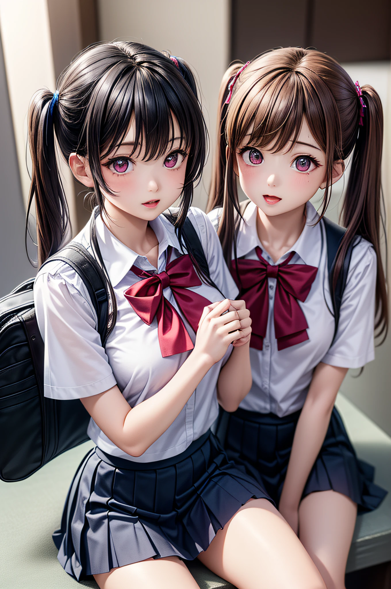 ((2girls)), ((Best Quality)), (Ultra-detailed), (extremely detailed CG unified 8k wallpaper), Highly detailed, High-definition raw color photos, Professional Photography, (Twintails), Brown hair, Amazing face and eyes, Pink eyes, (amazingly beautiful girl), (hi-school uniform, pleated mini skirt:1.3),