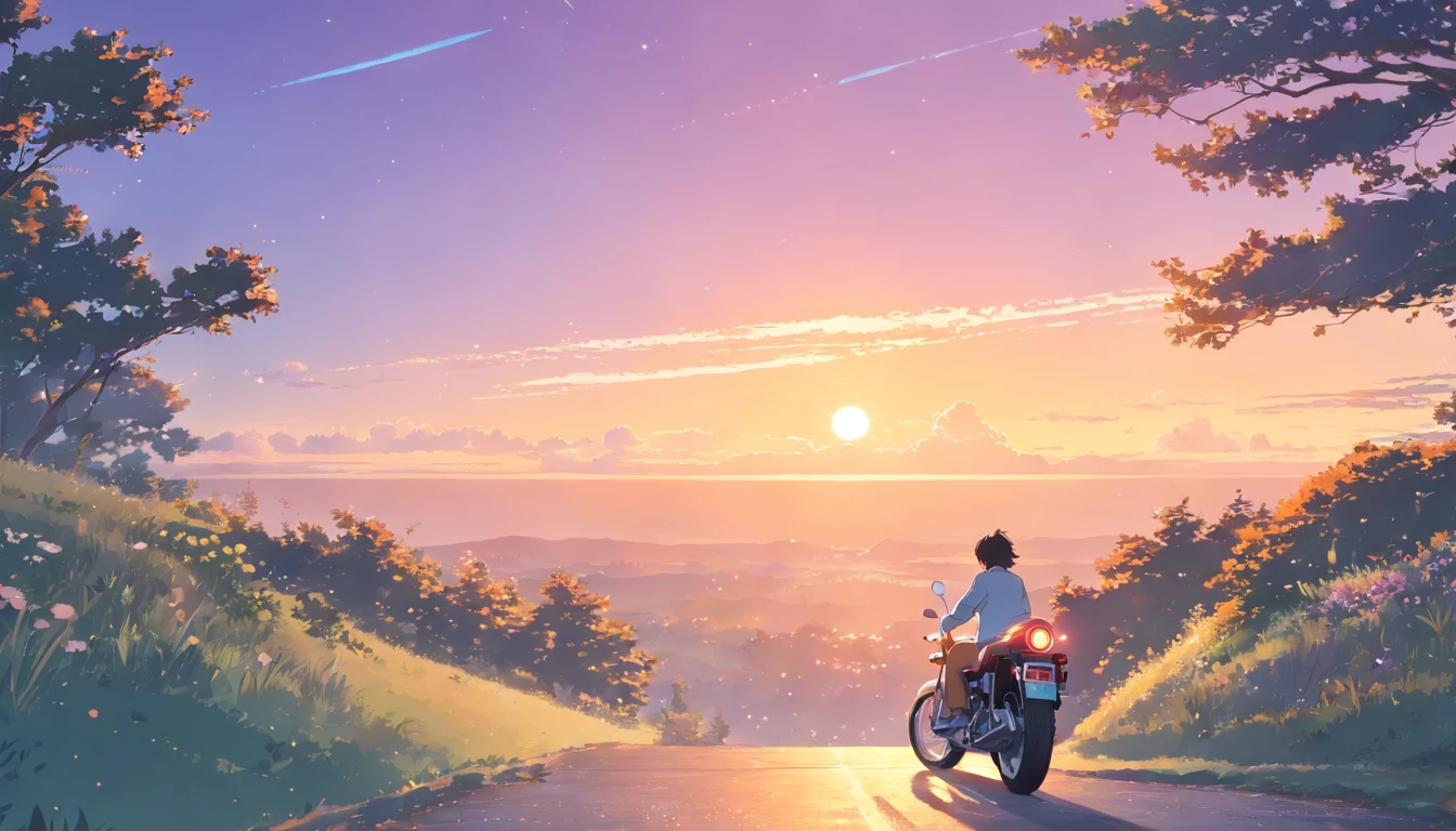Create a compelling story，Round around an old two-wheeled motorcycle parked on rolling hills, In the back of the car, Cars holding motorcycles weathered by time, looking at the stars. Detail weaves the surrounding landscape, rosin, （red colour、First made by Harley, USA、Antique bike）, exposure blend, Medium shot, Bokeh, (NFFSW:1.4), High contrast, (Cinematic, Orange and white film), (pastel colour, dim colors, soothing tones:1.3),
Low saturation, (hyper-detailing:1.2), (Nero:0.4).