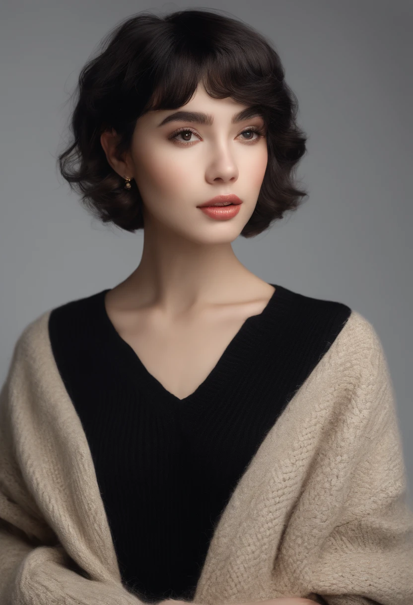(masterpiece:1.3), (8k, photorealistic, RAW photo, best quality: 1.4), (1girl), beautiful face, (realistic face), (black hair, short hair:1.3), beautiful hairstyle, realistic eyes, beautiful detailed eyes, (realistic skin), beautiful skin, (sweater), absurdres, attractive, ultra high res, ultra realistic, highly detailed, golden ratio