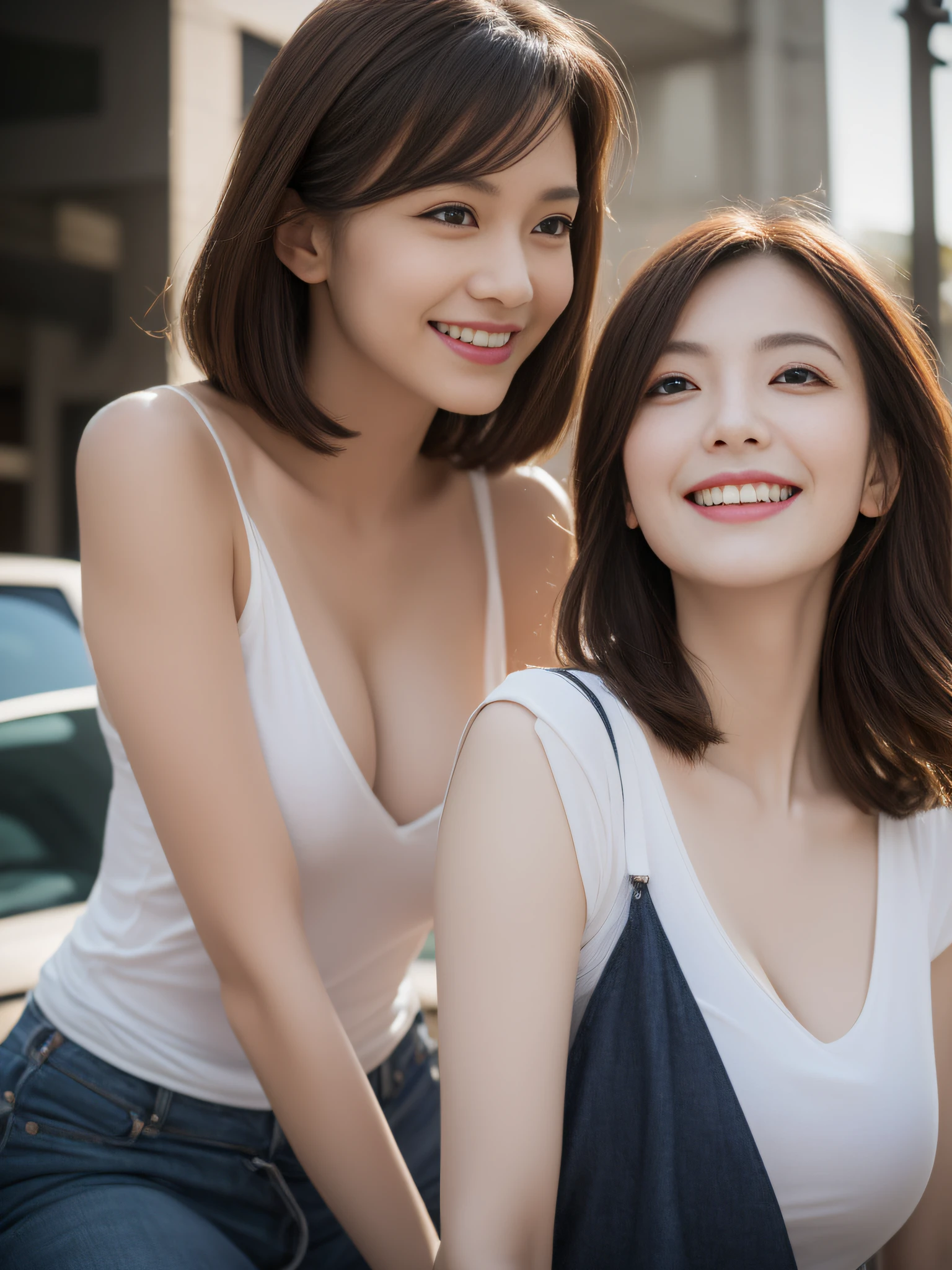 ((Day, Best quality, 8k, Masterpiece:1.3, Realistic)), Whole body, Long legs:1.2, Sharp Focus:1.2, A pretty woman with perfect figure, Slender abs, ((1 girl, Long dark brown hair, Medium breasts)), ((Loose thin tshirts, Short pants, Sitting:1.2, Outdoor, Cars traffic background)), (Dynamicposes, Soft lighting, Looking at viewers, Side angle view, Fashionable), Single shot, 1 girl, Exposed cleavage, Highly detailed face and skin texture, Detailed eyes, Double eyelid, (Characters play), (Smiling), Seductive random pose, (Closeup camera view)
