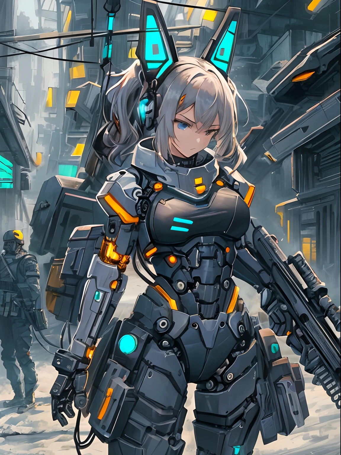 Masterpiece,(best qualtiy),highly  detailed,Ultra-detailed,sci-fy, 1 mechanical female soldier, solo person, crNanosuit, high ponytails,(Blue eyes),(Machine-made joints:1.5), Mechanical limb，huge tit，Wire，With a machine gun， (Serious expression),  (tactical gear:1.2),  High contrast, extreme hight detail,highest details,(during night:0.7), (urban surroundings), (Dynamic pose), (glowing neon lights:0.9), (smoke effect:0.6),